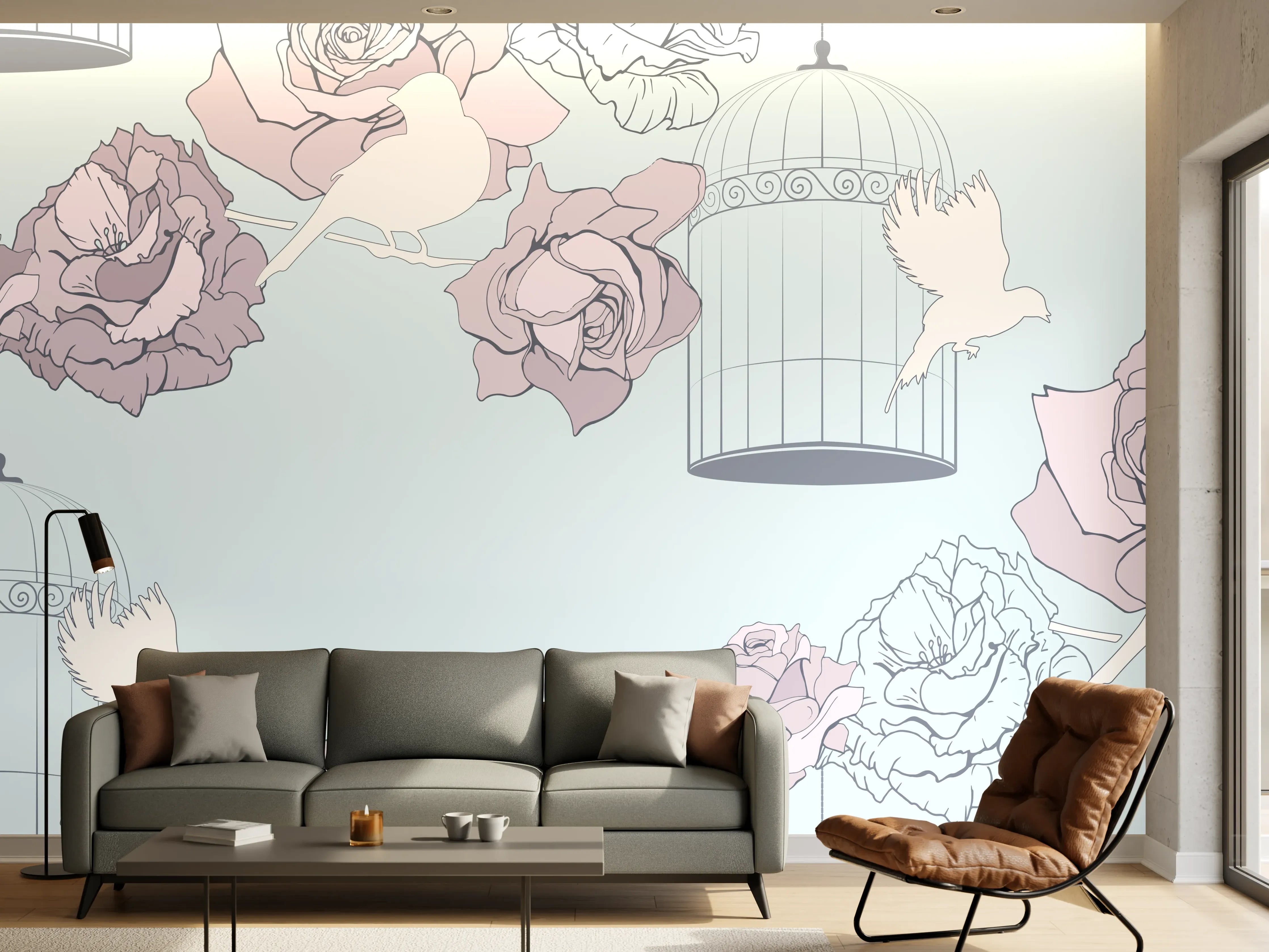 Wandverkleidung Wohnzimmer - Himmel voller Rosen und Vögel