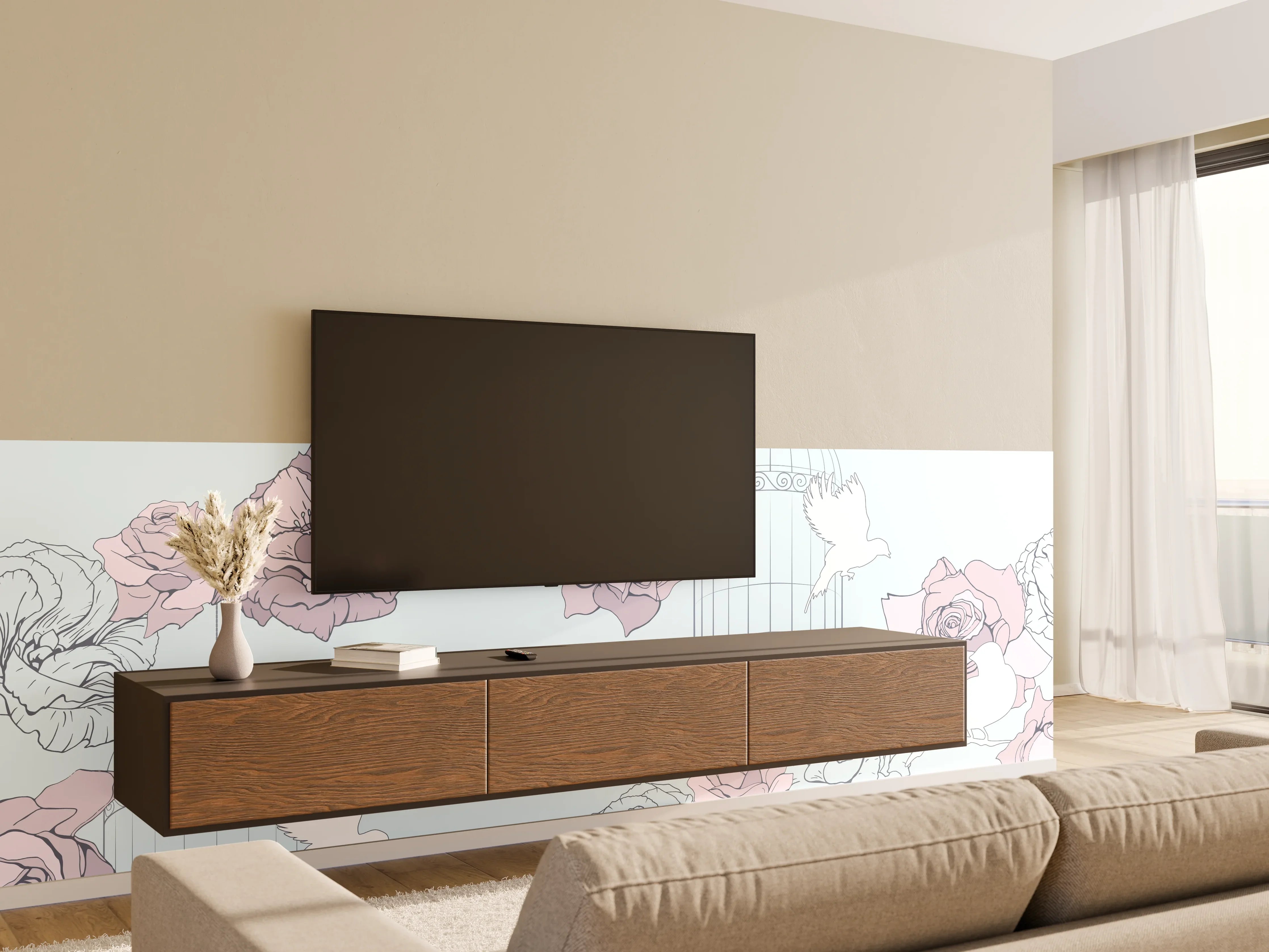 Wandverkleidung Wohnzimmer - Himmel voller Rosen und Vögel