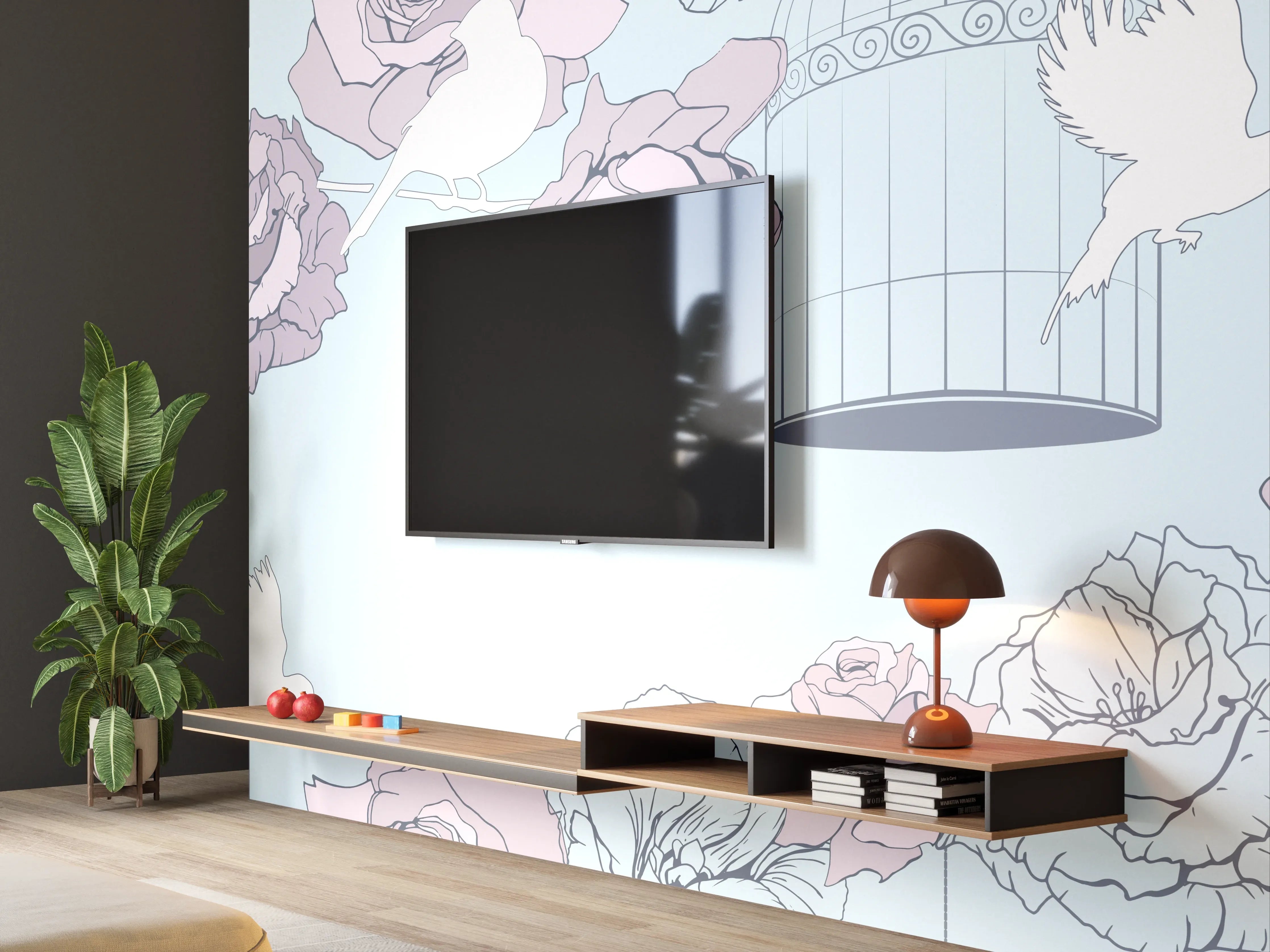 Wandverkleidung Wohnzimmer - Himmel voller Rosen und Vögel