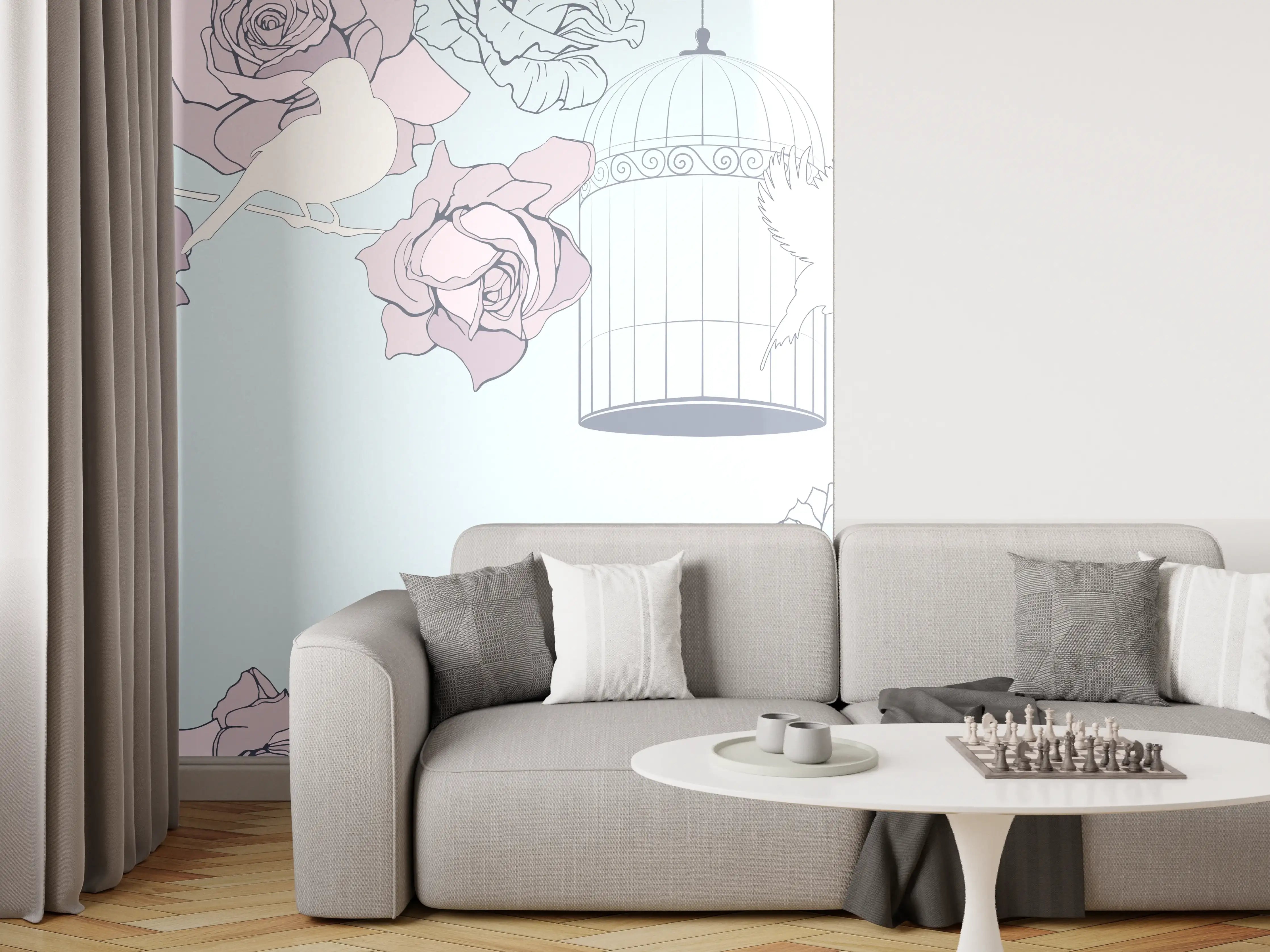 Wandverkleidung Wohnzimmer - Himmel voller Rosen und Vögel
