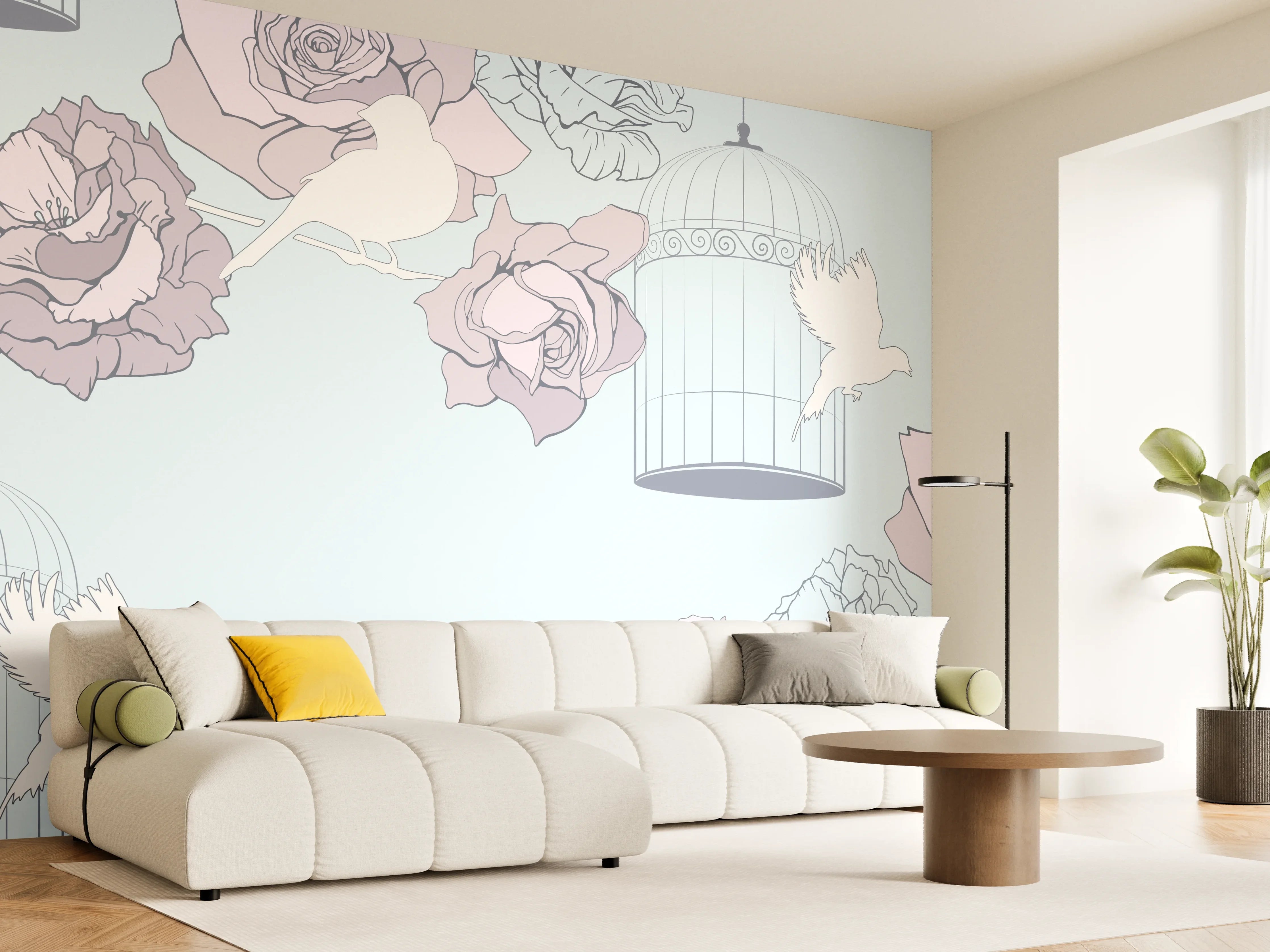 Wandverkleidung Wohnzimmer - Himmel voller Rosen und Vögel