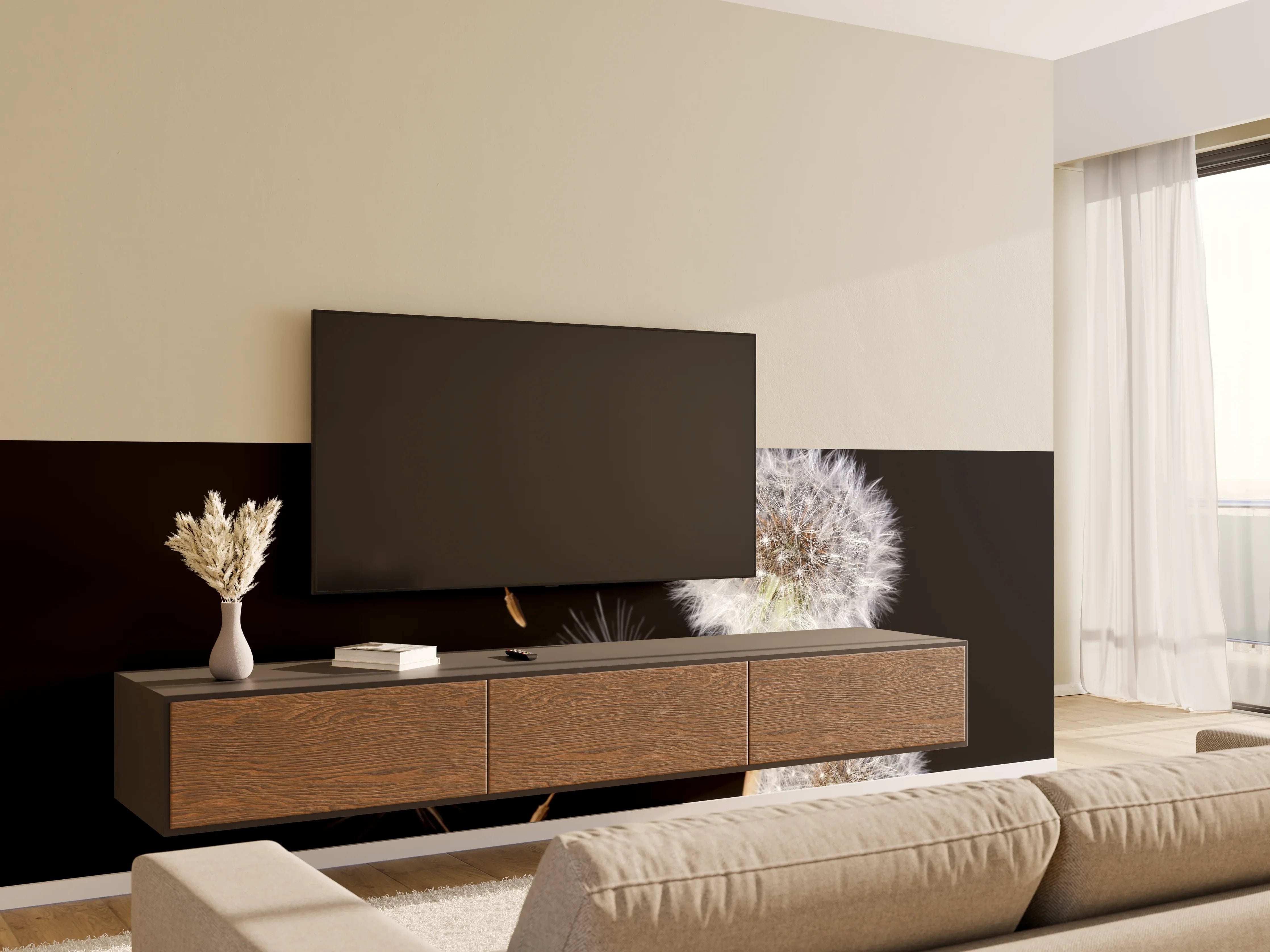 Wandverkleidung Wohnzimmer - Hintergrund mit Pusteblumen und Samen im Schwarz