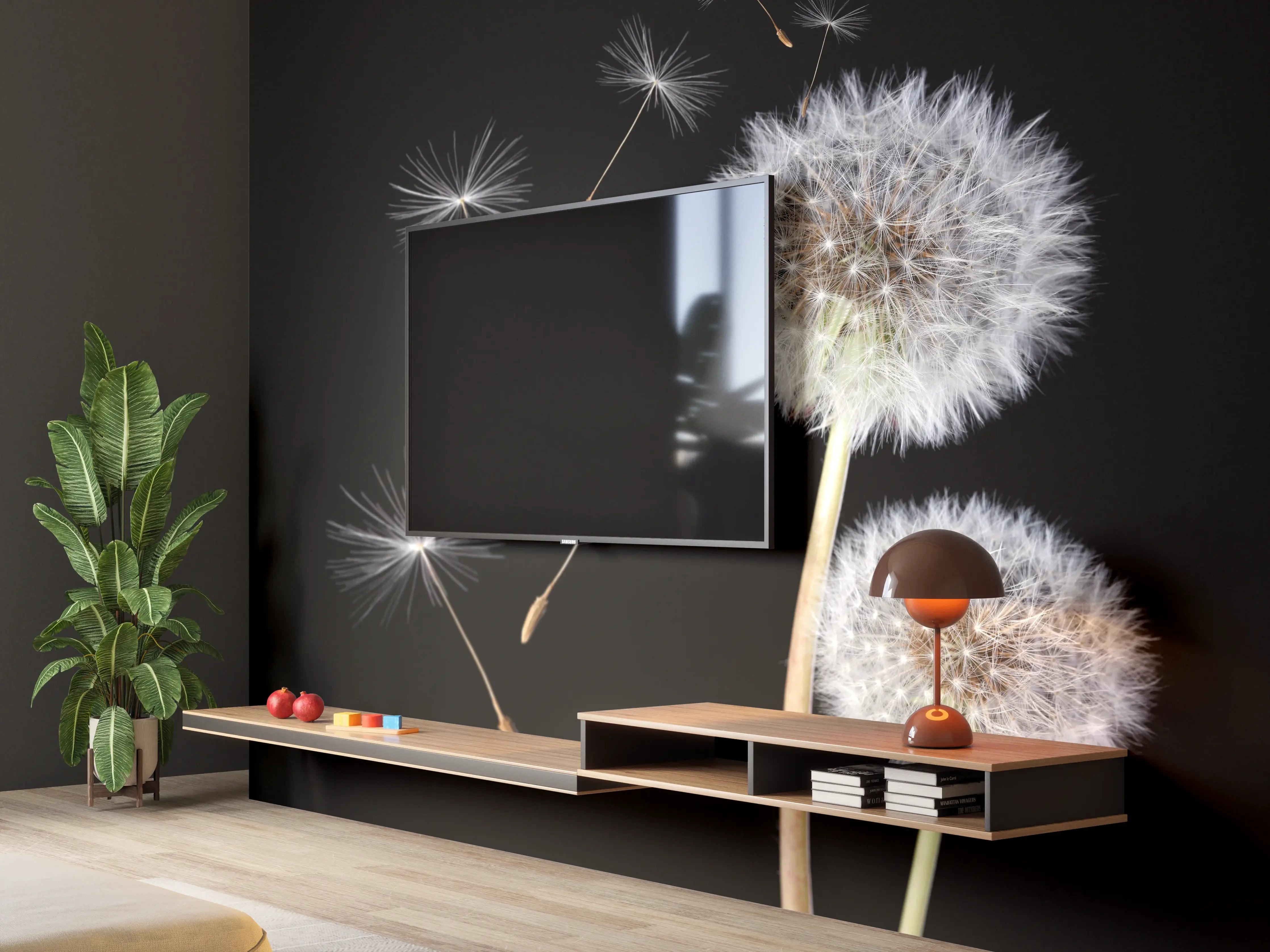 Wandverkleidung Wohnzimmer - Hintergrund mit Pusteblumen und Samen im Schwarz