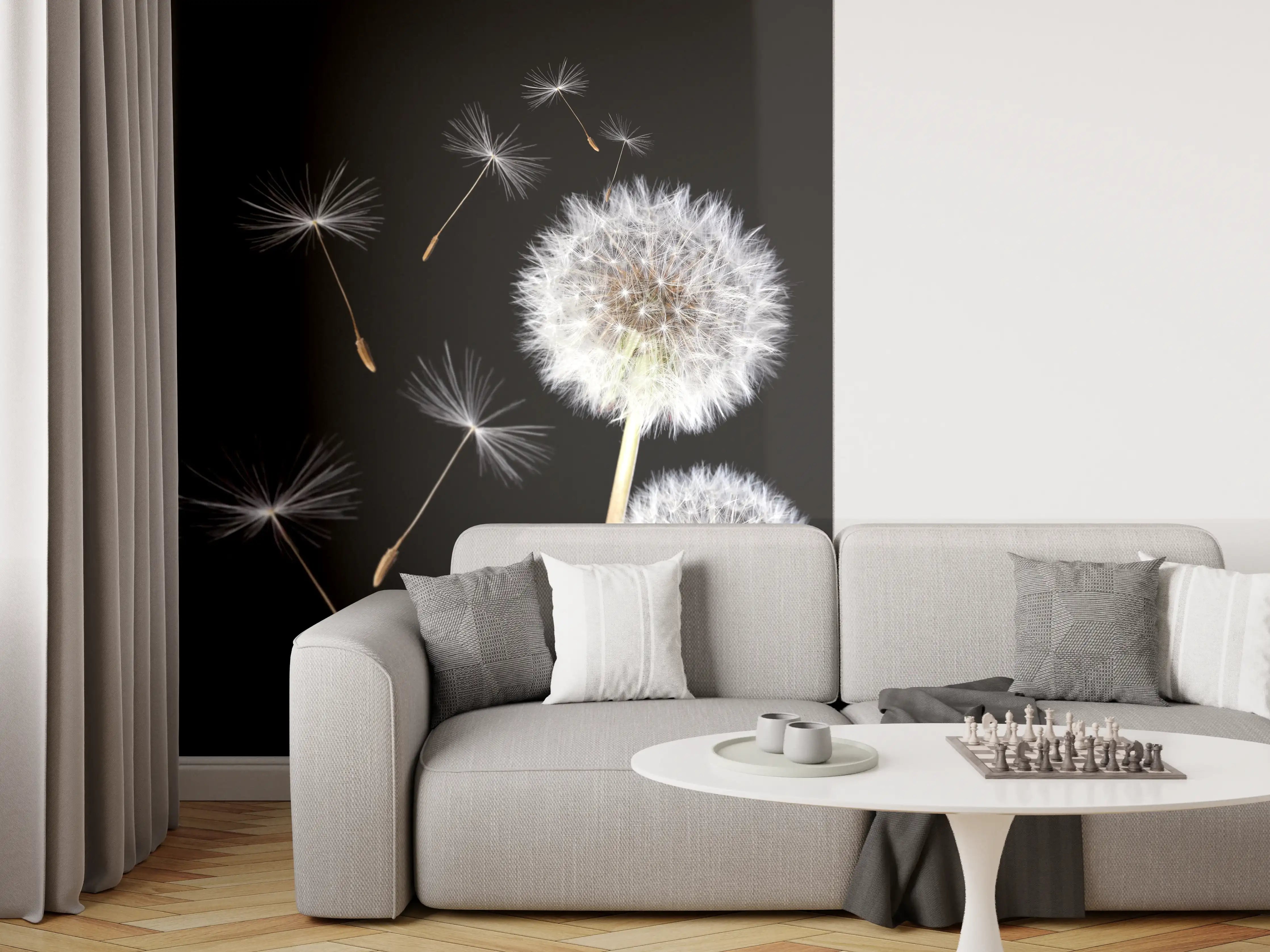 Wandverkleidung Wohnzimmer - Hintergrund mit Pusteblumen und Samen im Schwarz
