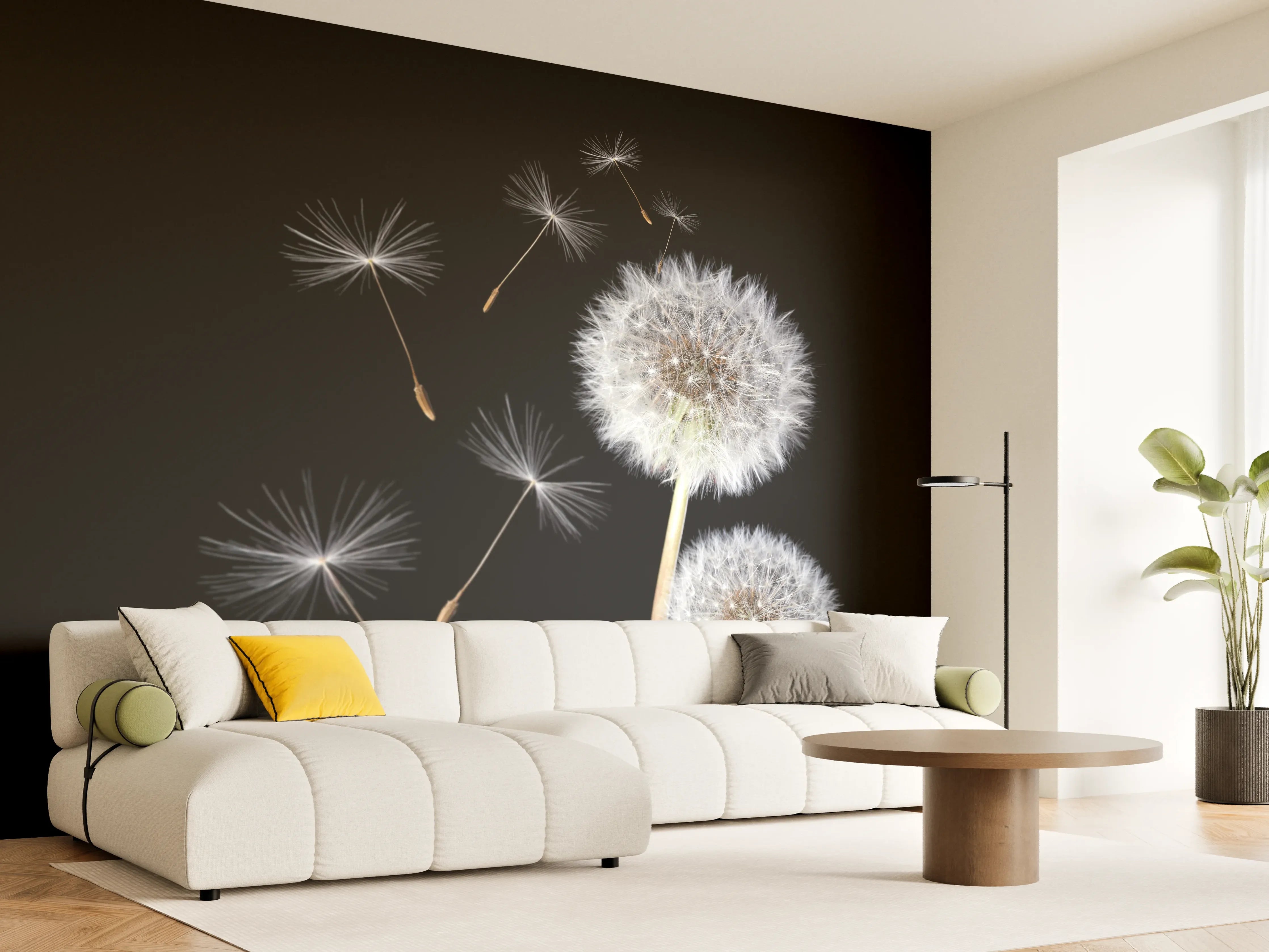 Wandverkleidung Wohnzimmer - Hintergrund mit Pusteblumen und Samen im Schwarz