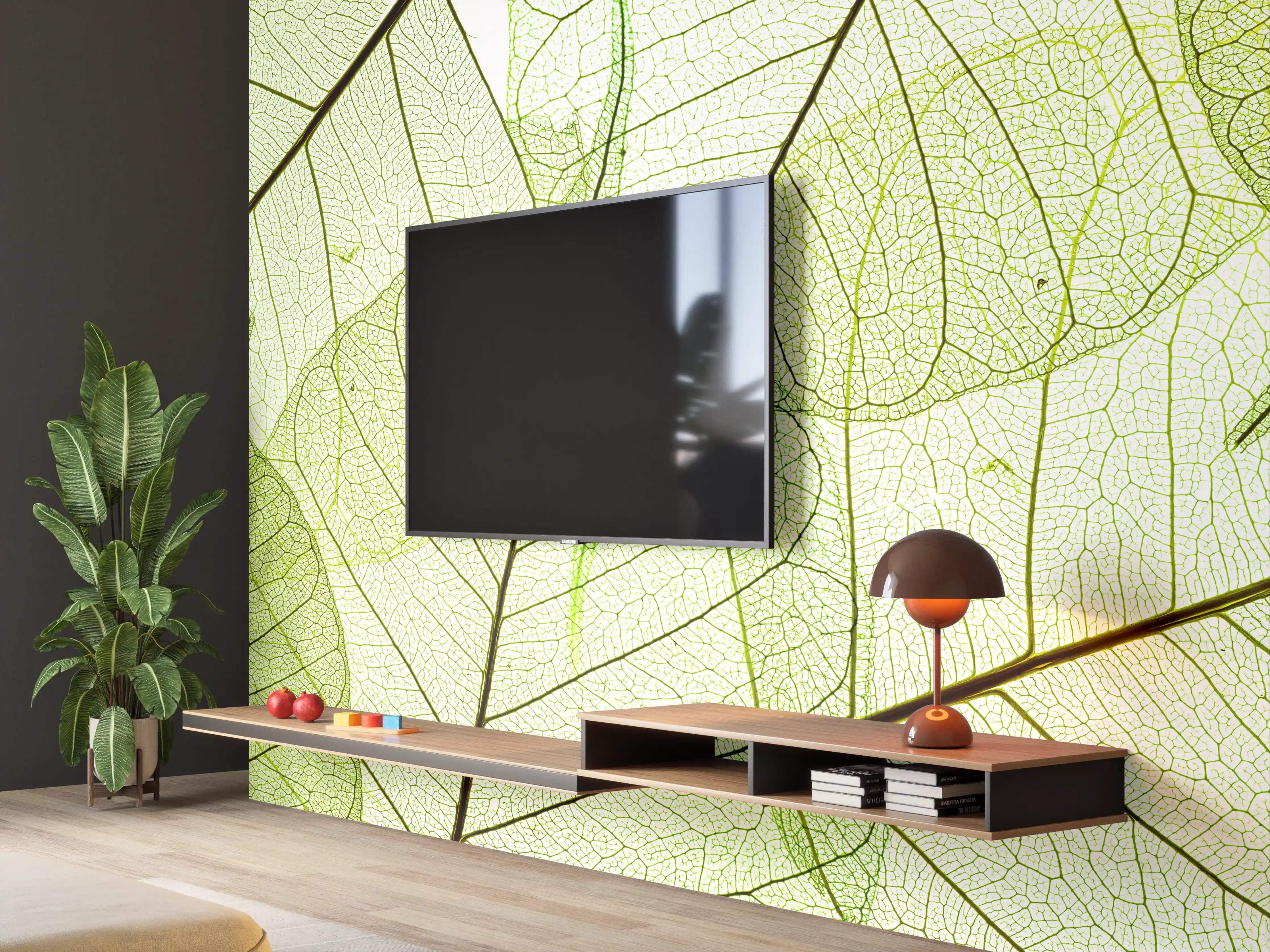 Wandverkleidung Wohnzimmer - Hintergrund mit grünem Blättermuster