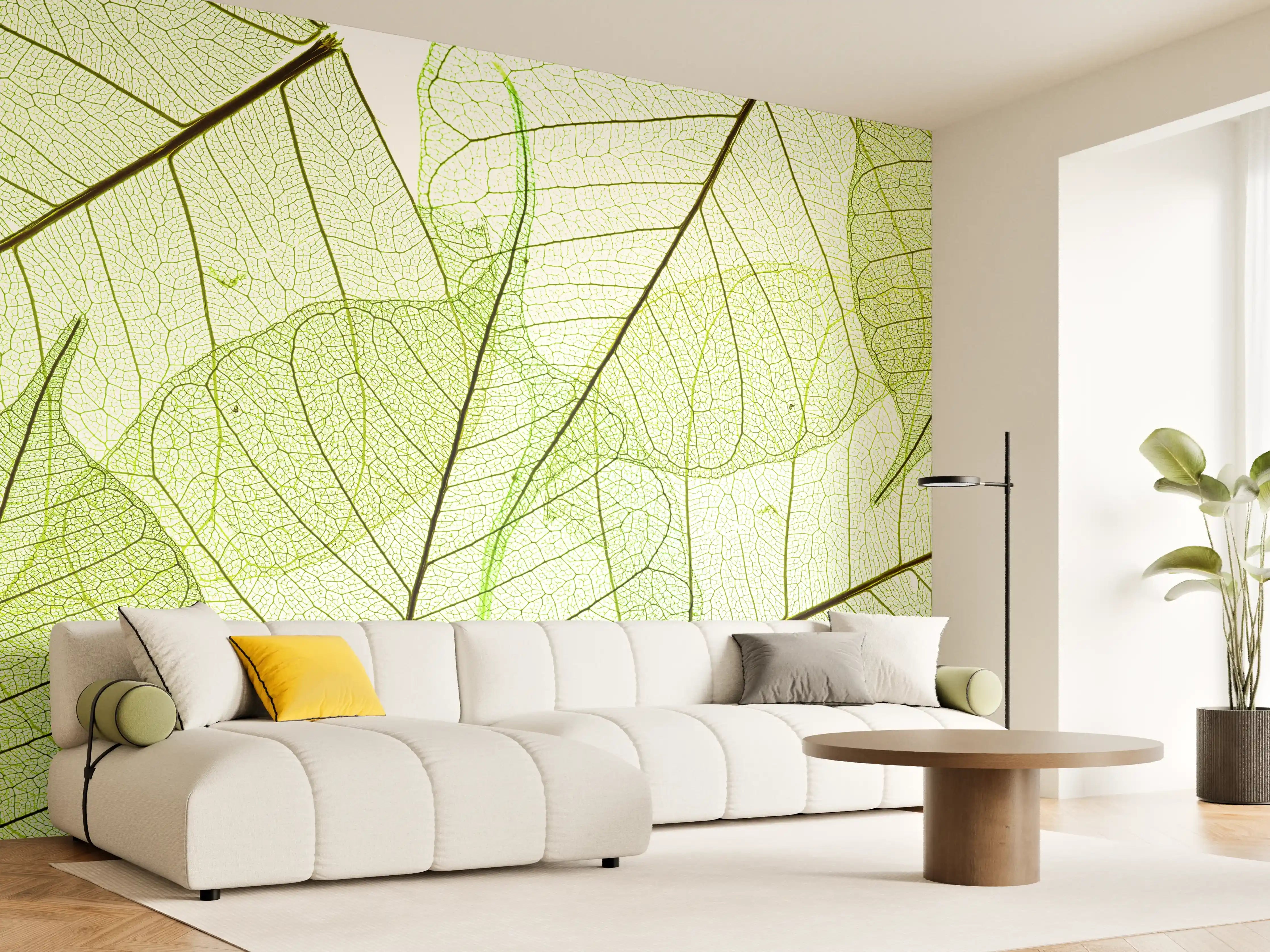Wandverkleidung Wohnzimmer - Hintergrund mit grünem Blättermuster