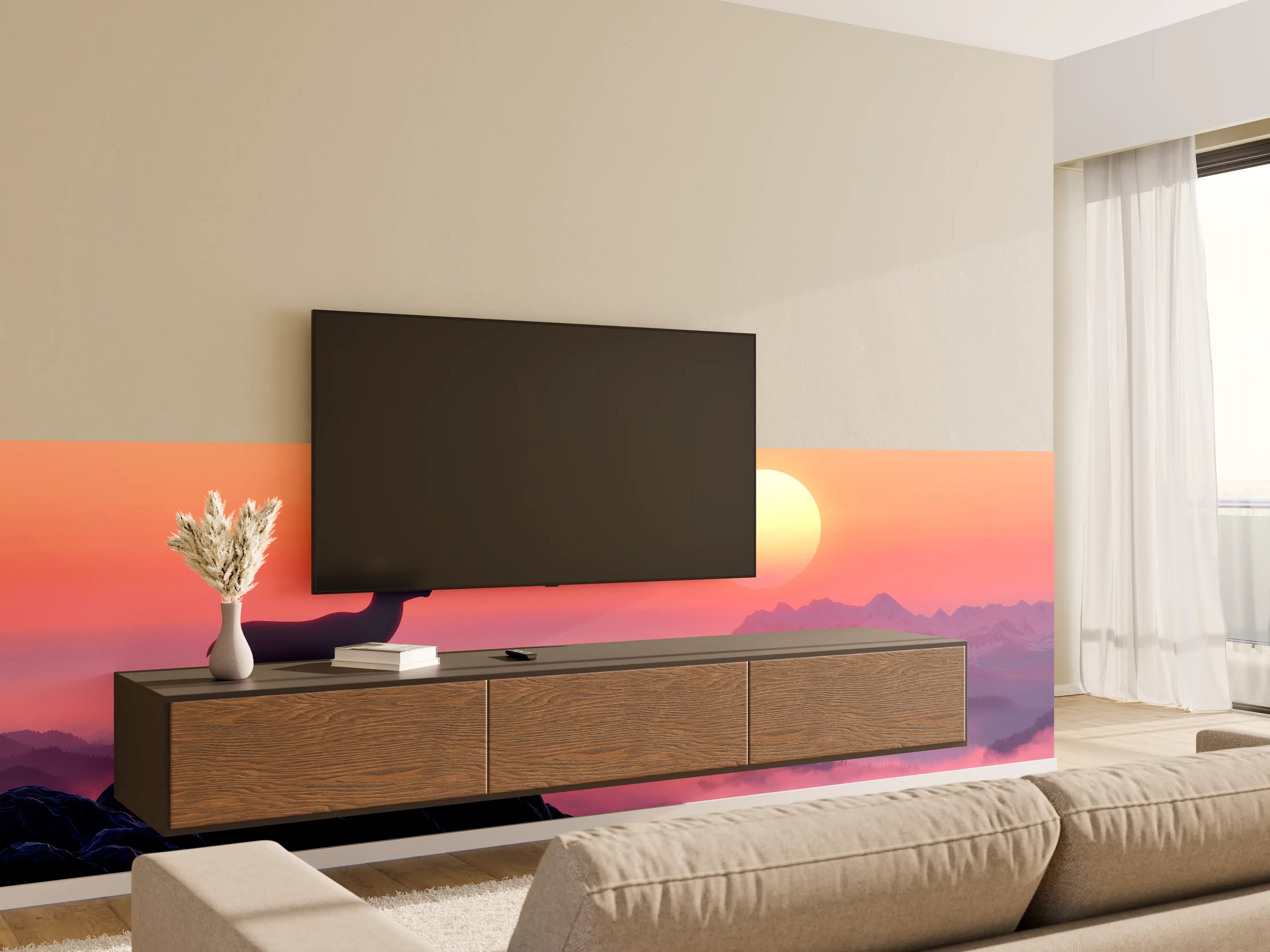 Wandverkleidung Wohnzimmer - Hirsch-Silhouette Sonnenaufgang Orange-Pink