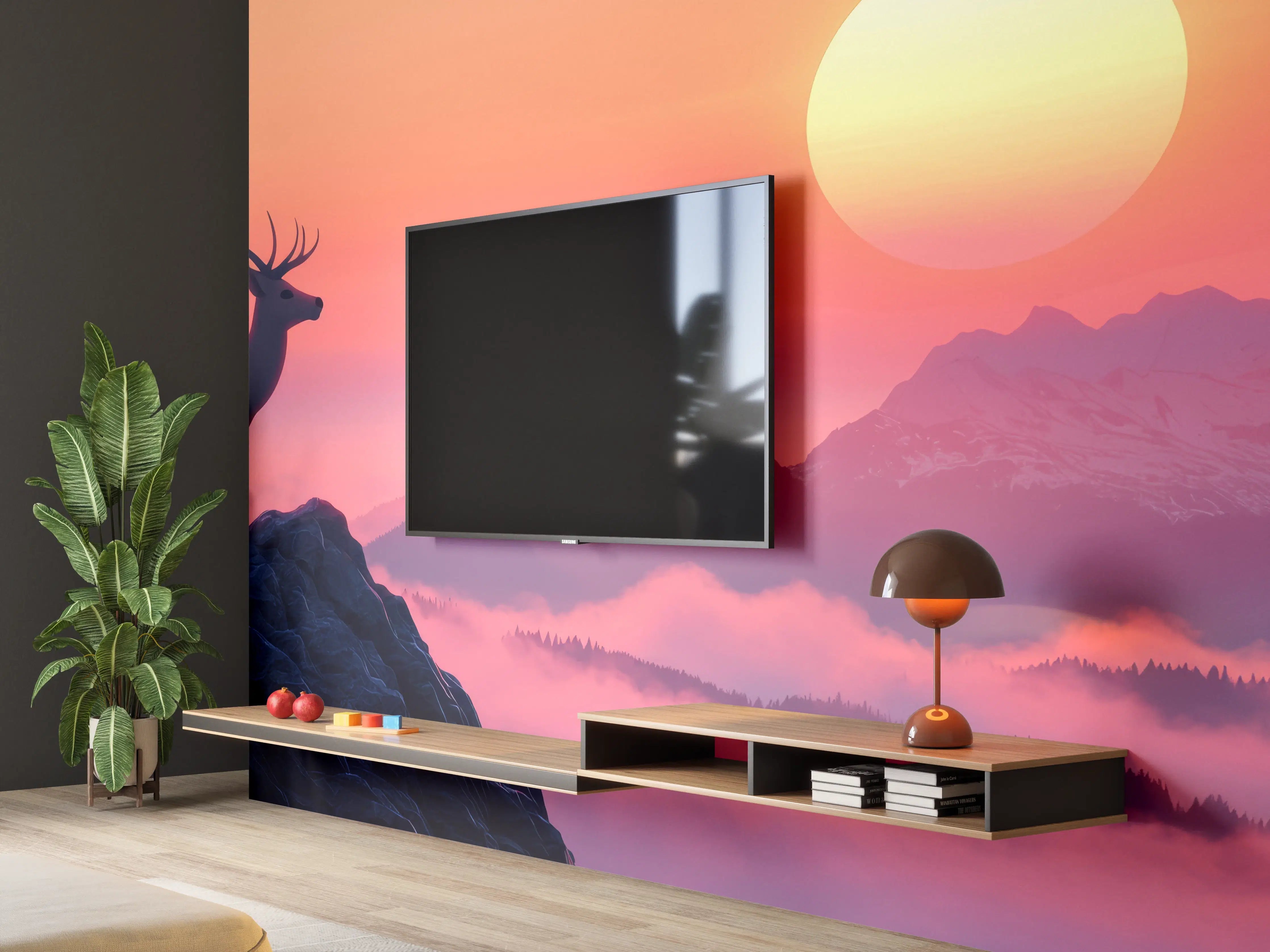 Wandverkleidung Wohnzimmer - Hirsch-Silhouette Sonnenaufgang Orange-Pink