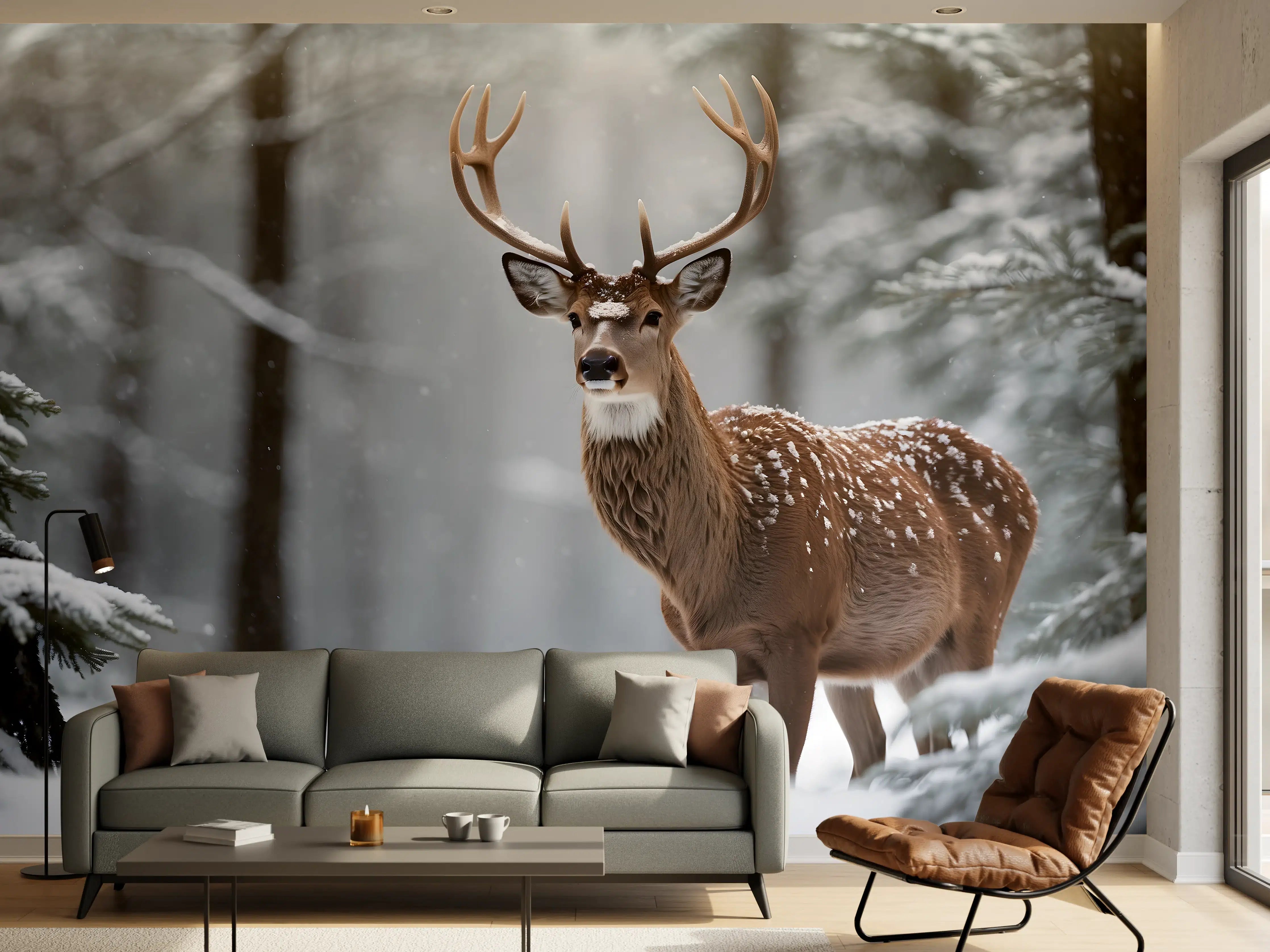 Wandverkleidung Wohnzimmer - Hirsch im verschneiten Wald
