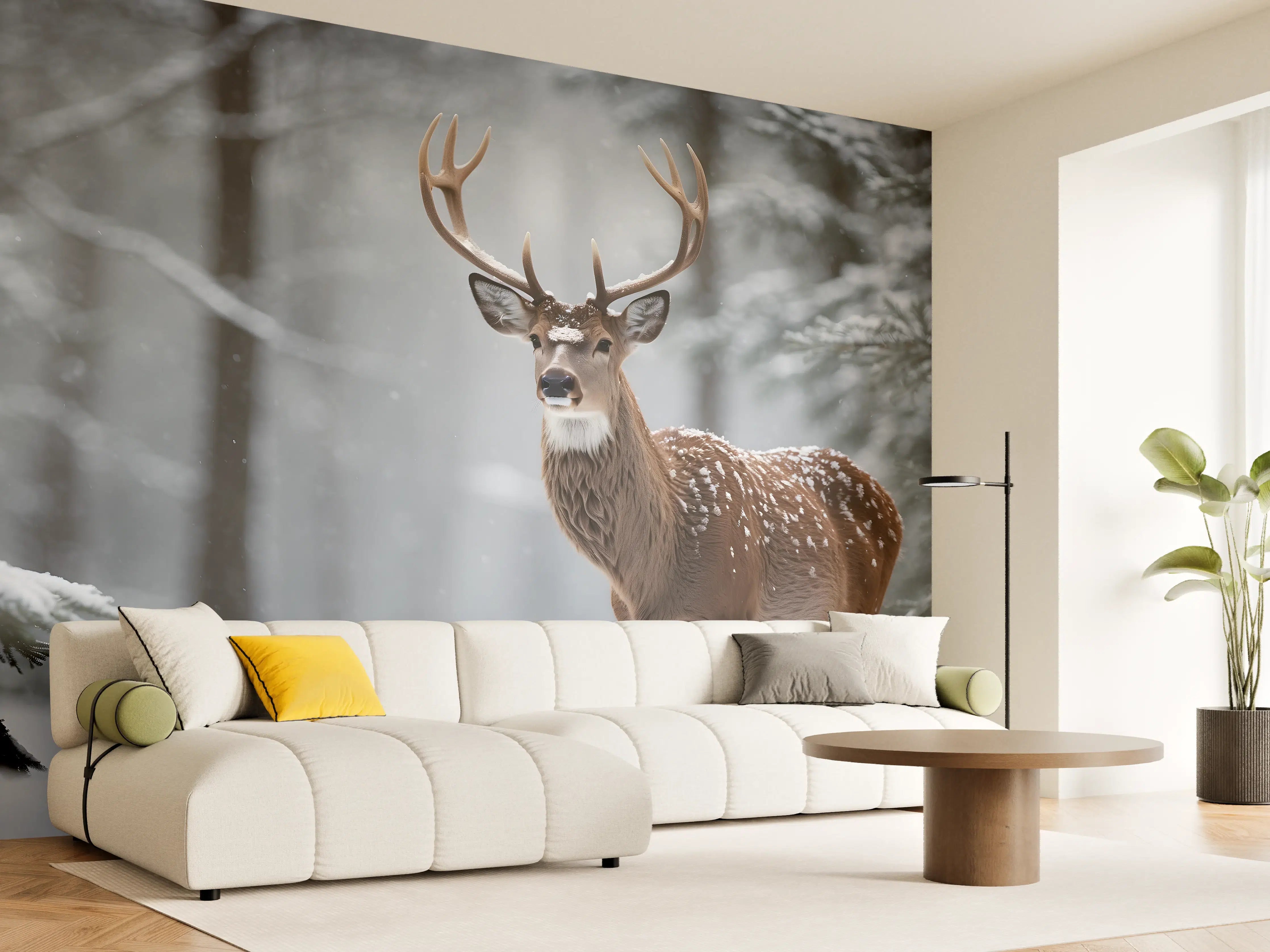 Wandverkleidung Wohnzimmer - Hirsch im verschneiten Wald