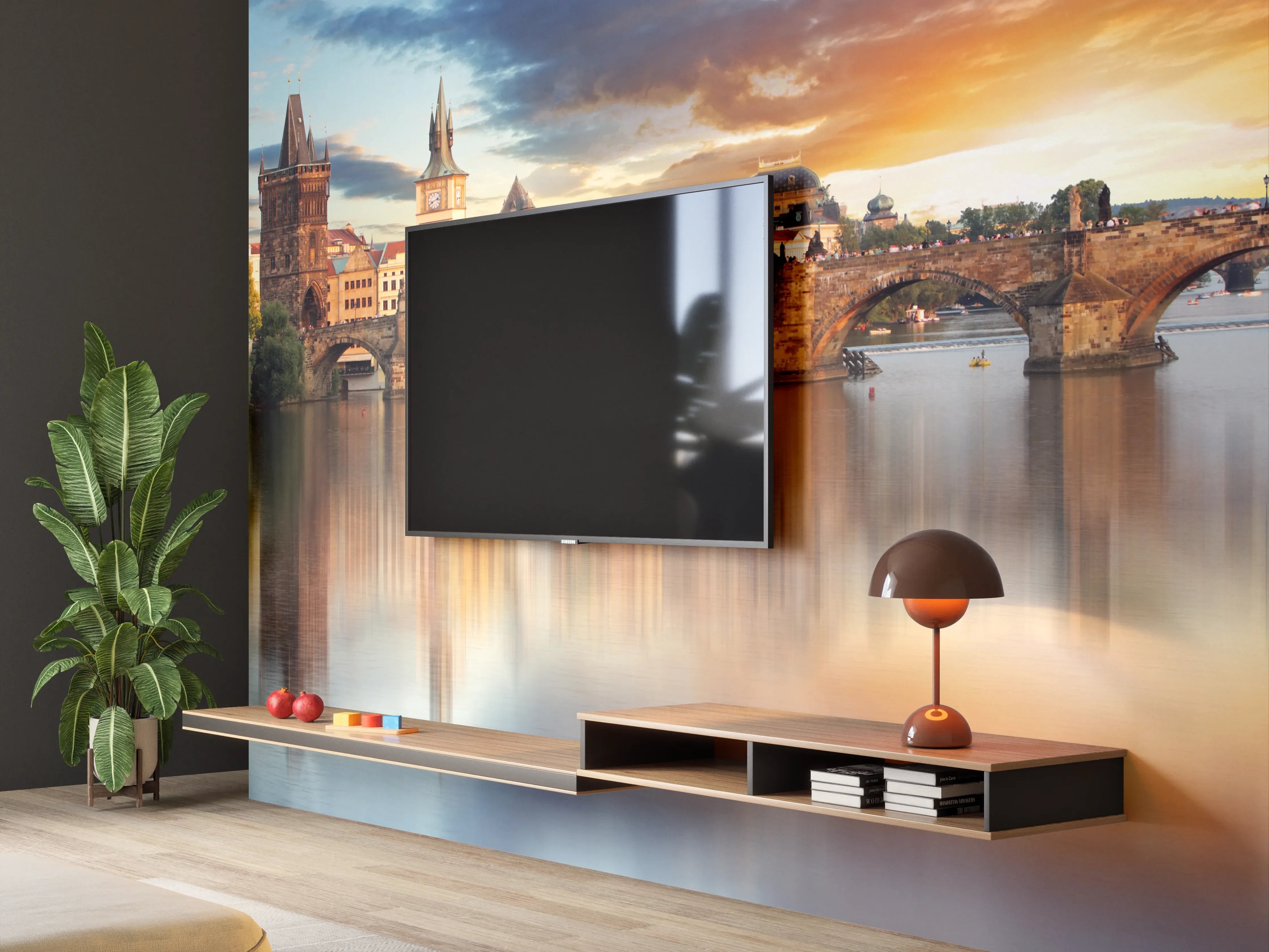 Wandverkleidung Wohnzimmer - Historische Brücke bei Sonnenuntergang