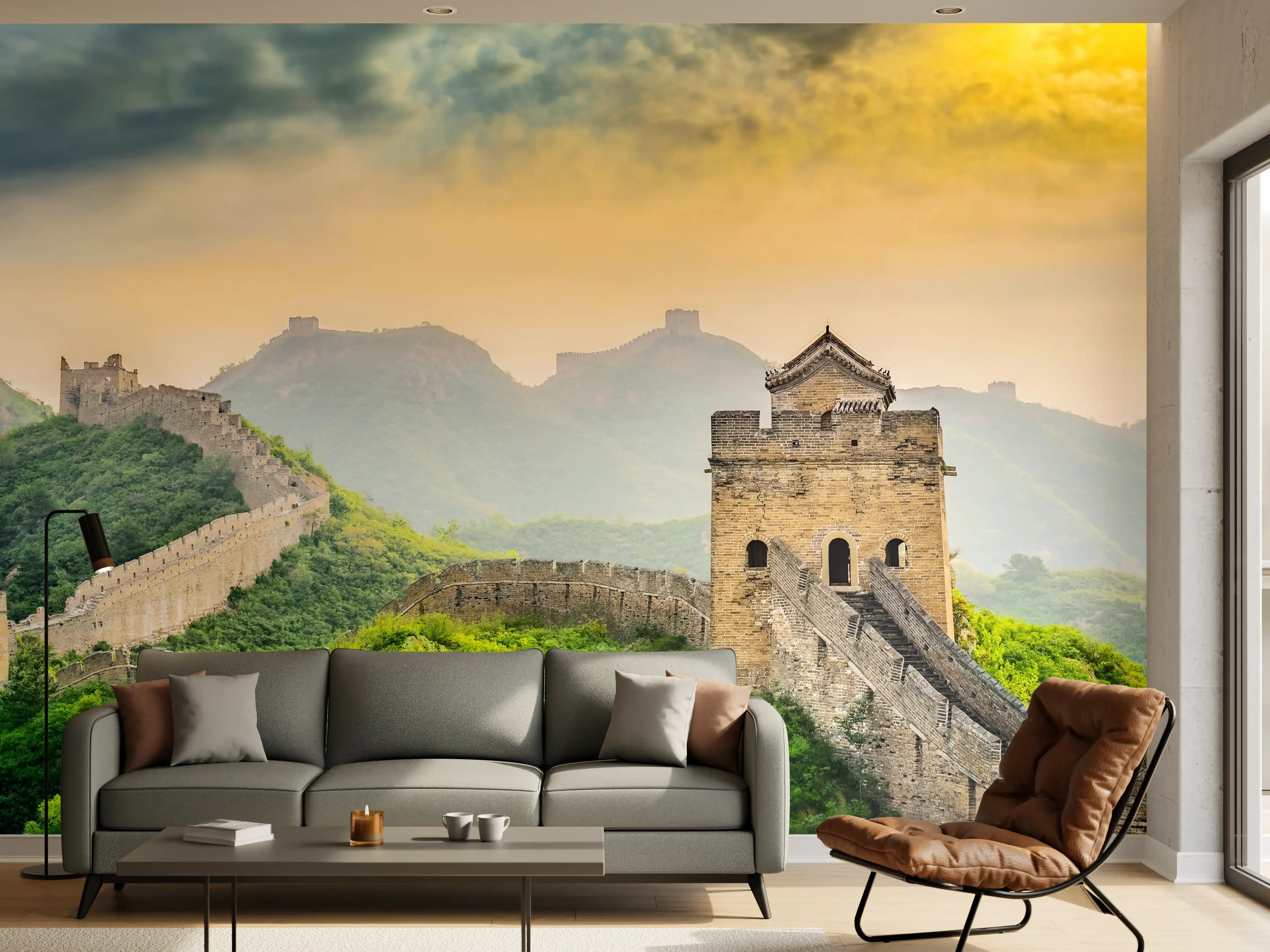 Wandverkleidung Wohnzimmer - Historische Chinesische Mauer im Nebel