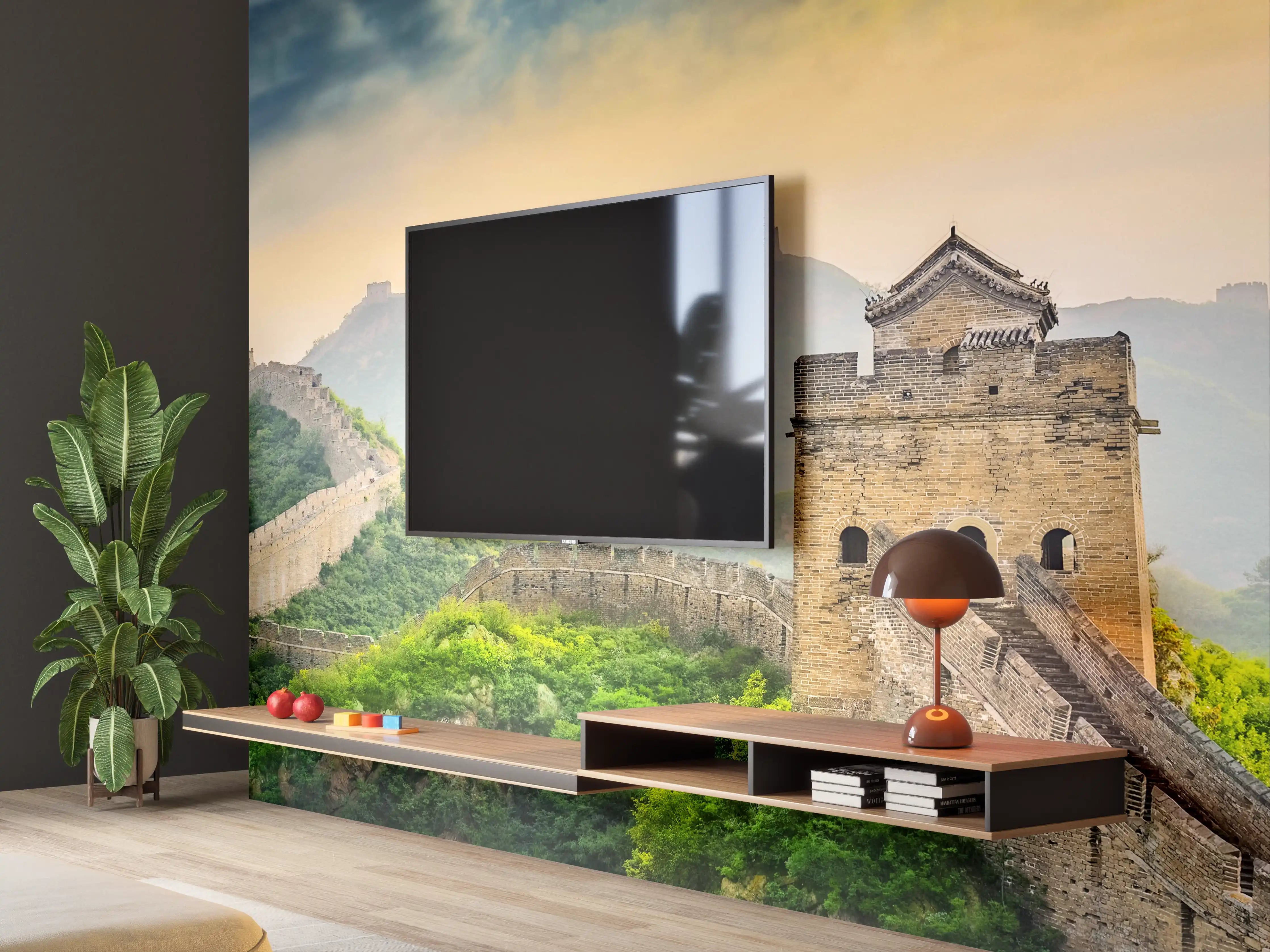 Wandverkleidung Wohnzimmer - Historische Chinesische Mauer im Nebel