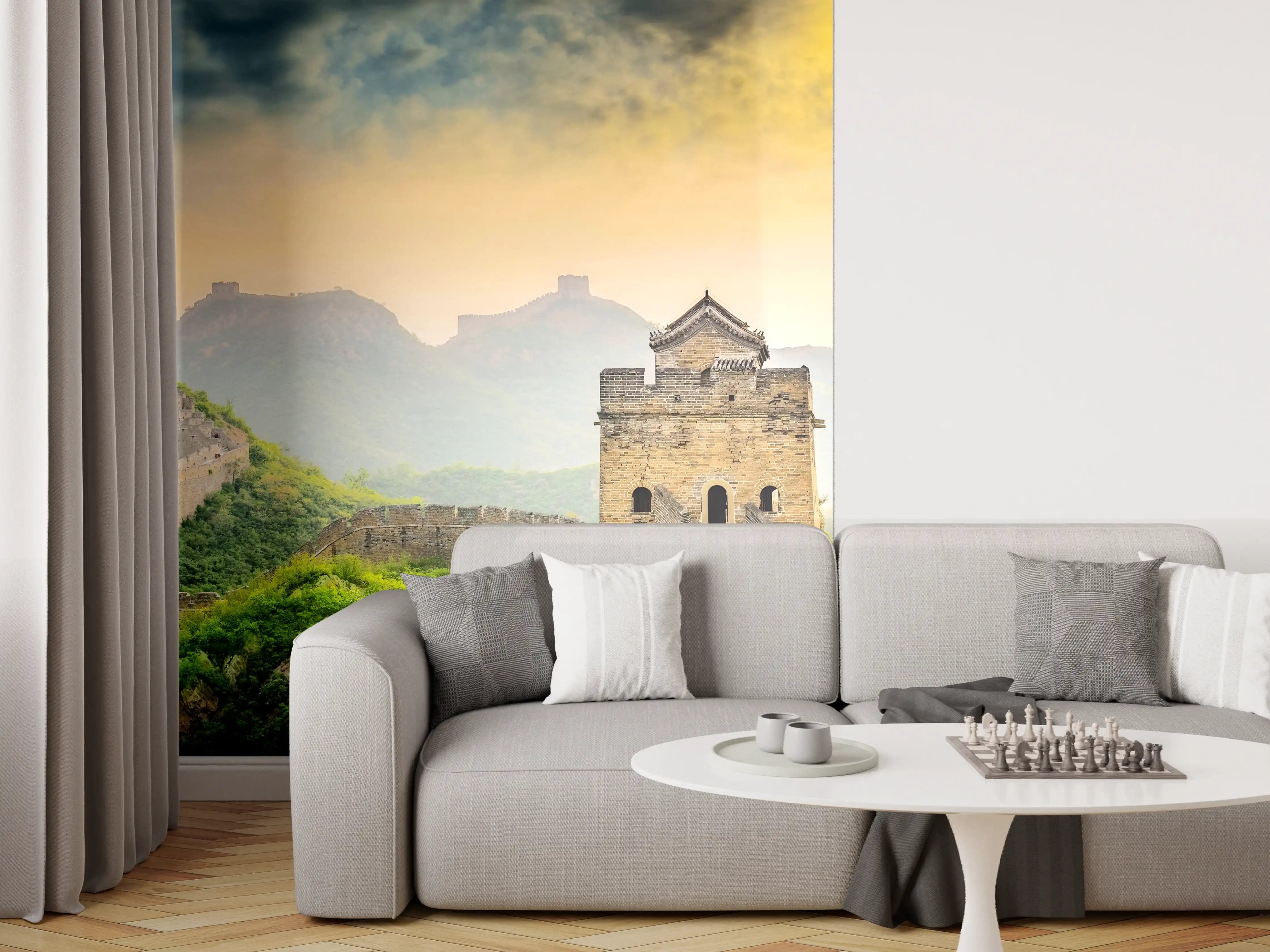 Wandverkleidung Wohnzimmer - Historische Chinesische Mauer im Nebel