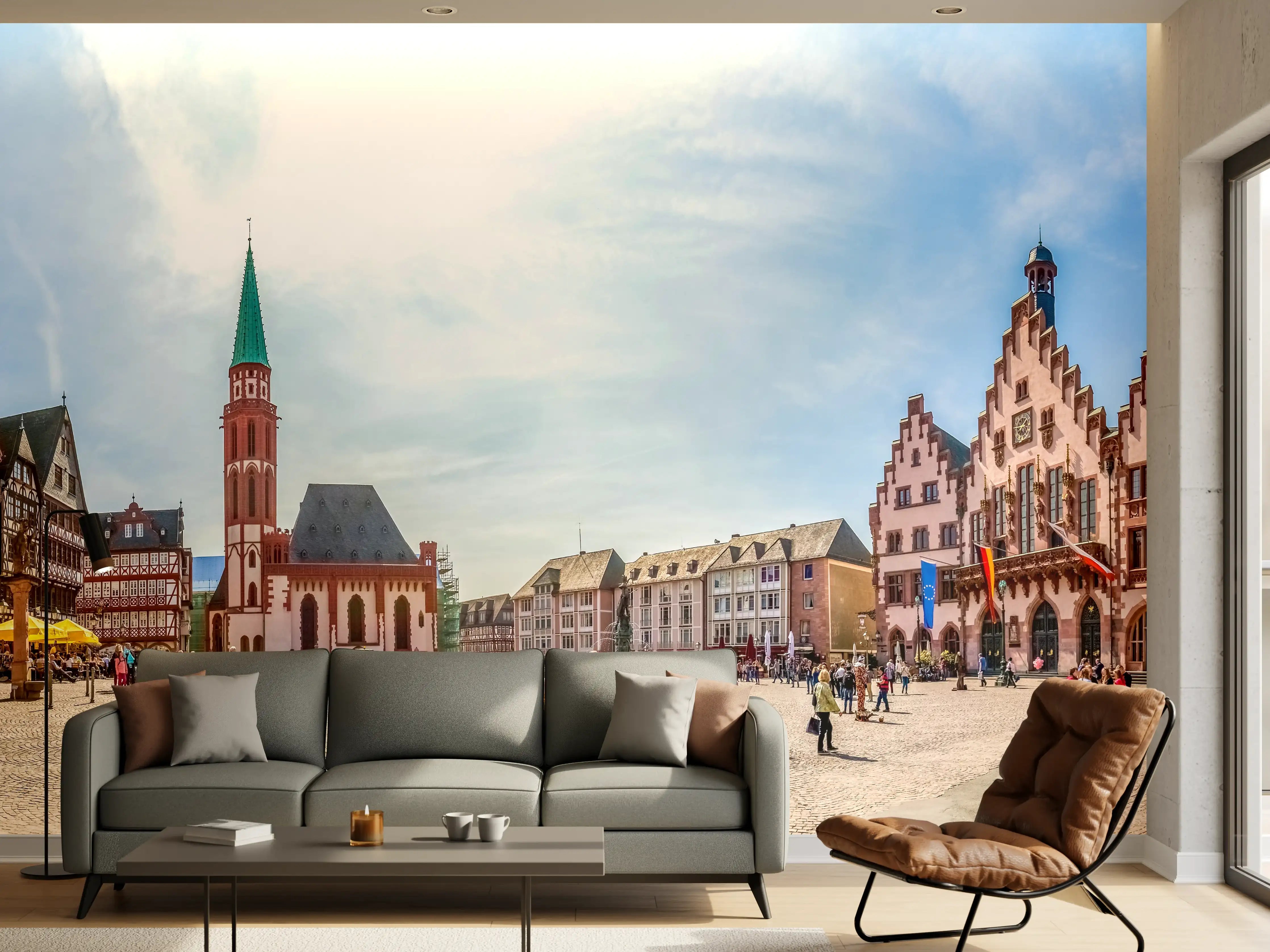 Wandverkleidung Wohnzimmer - Historische Stadtfotografie mit bunten Gebäuden