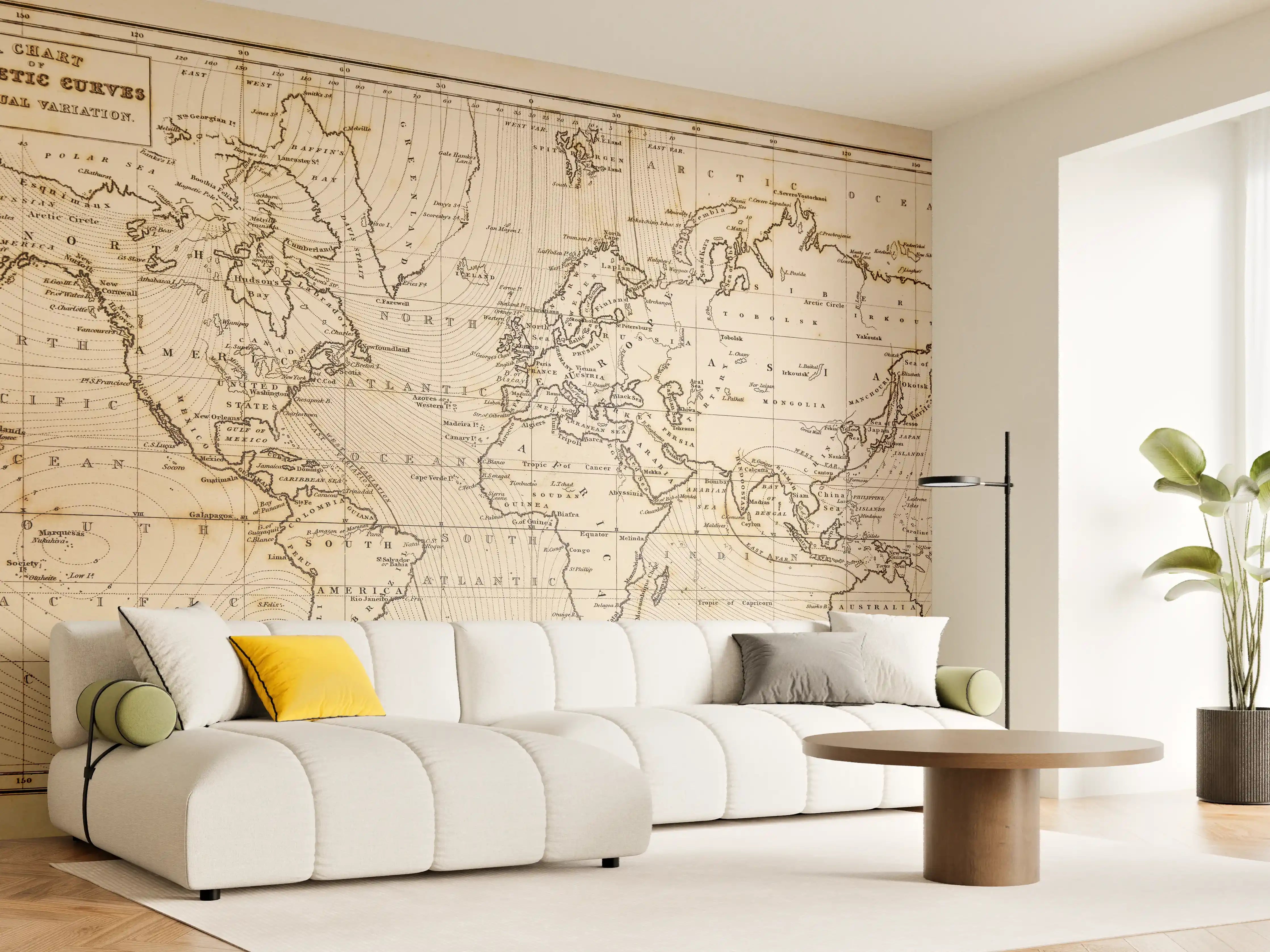 Wandverkleidung Wohnzimmer - Historische Weltkarte mit Magnetischer Deklination