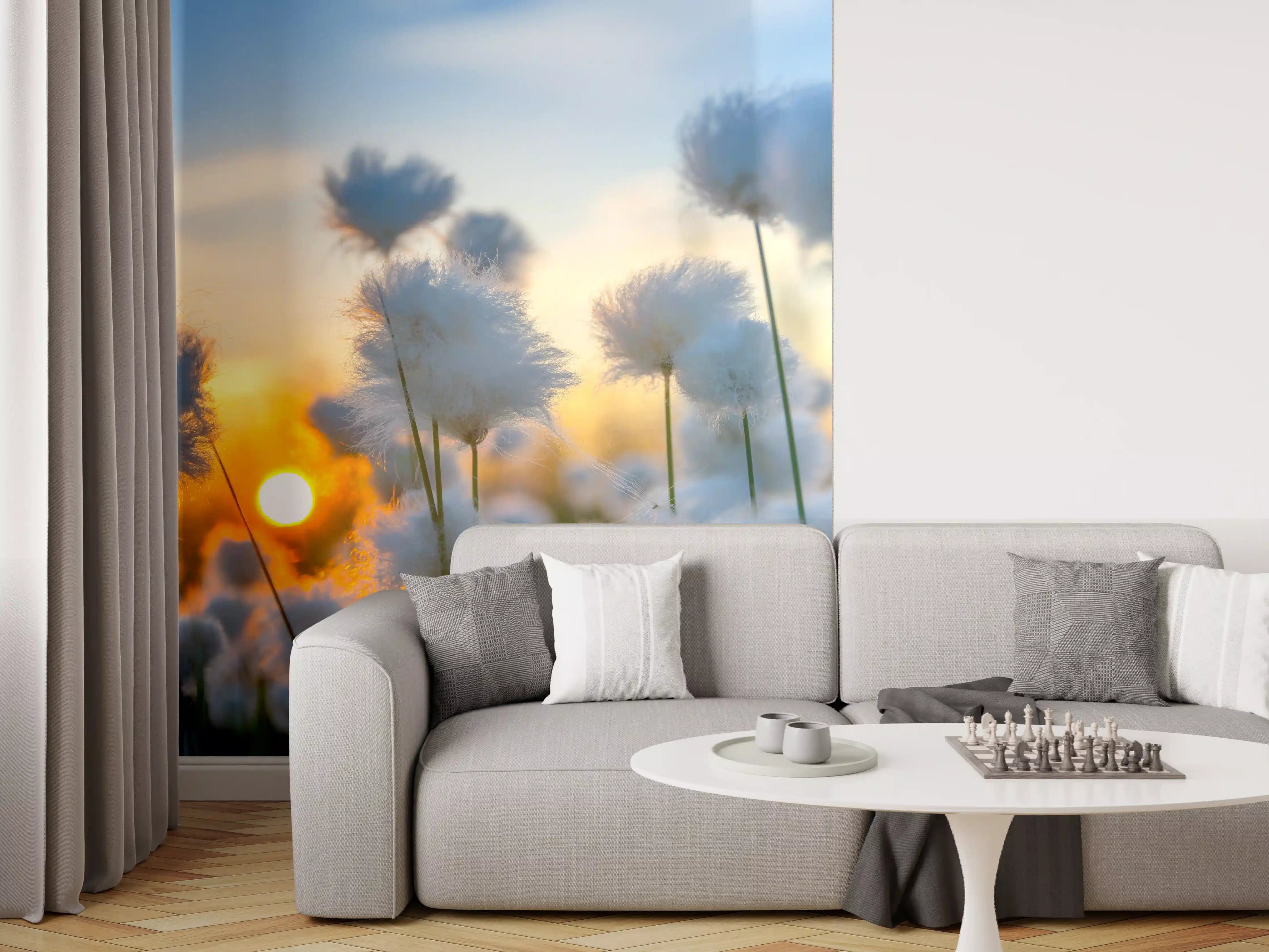 Wandverkleidung Wohnzimmer - Hochwertige Feldblumen bei Sonnenuntergang