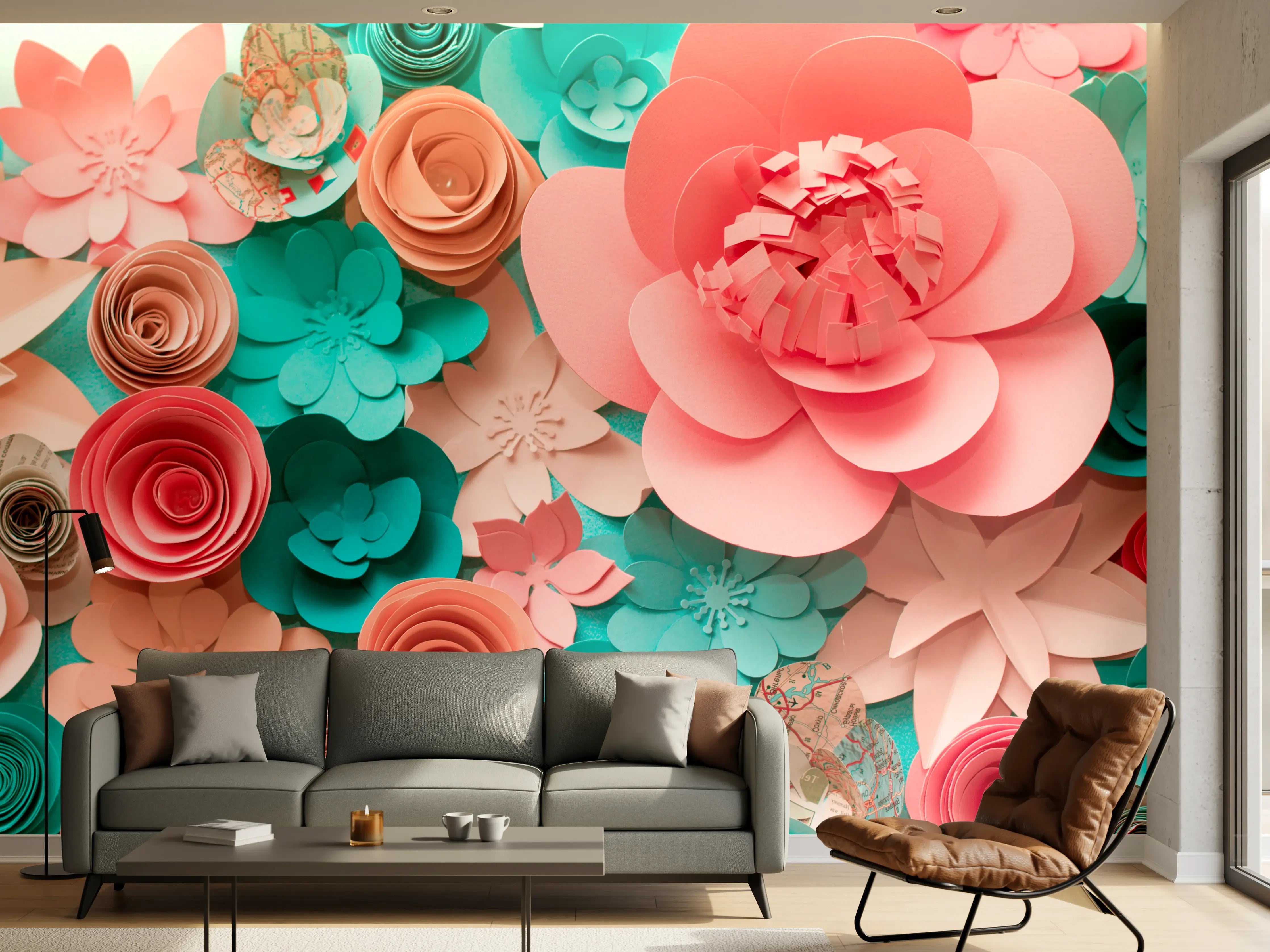 Wandverkleidung Wohnzimmer - Hochwertige Papierblumen-Dekoration in Pastellfarben