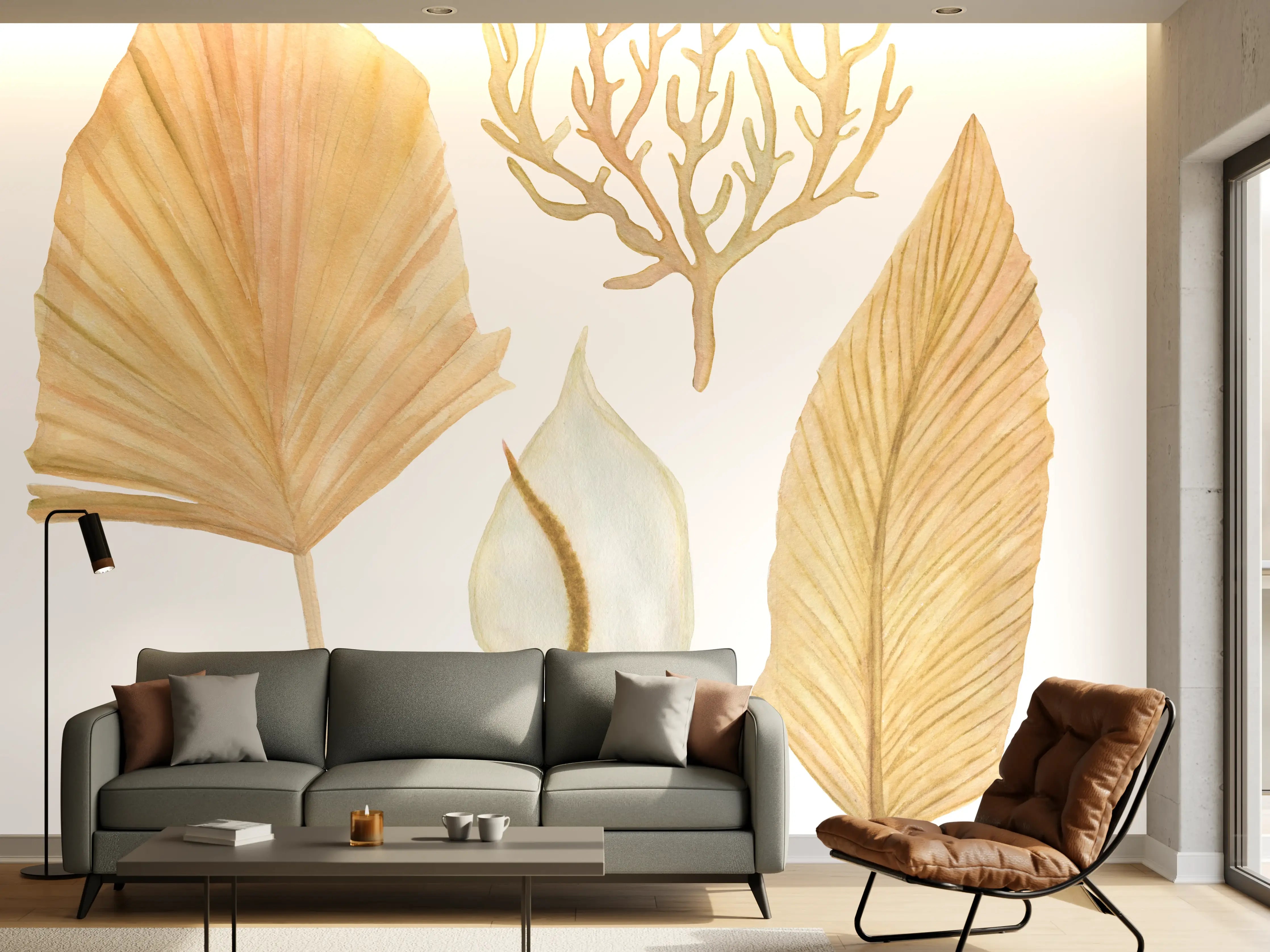 Wandverkleidung Wohnzimmer - Hochwertige Wanddeko: Naturmotive aus Palmblättern und Koralle
