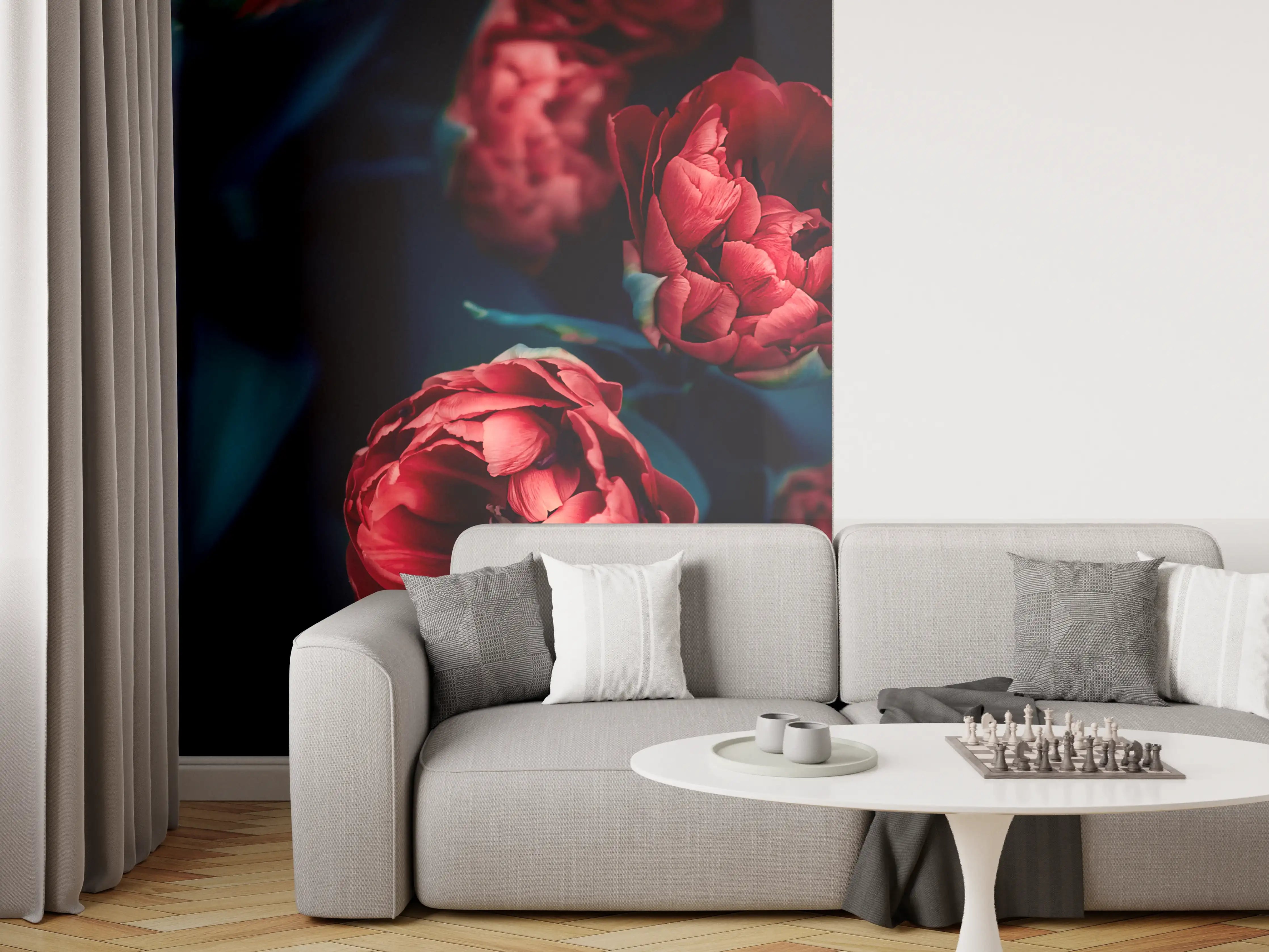 Wandverkleidung Wohnzimmer - Hochwertige rote Blumen im dunklen Hintergrund