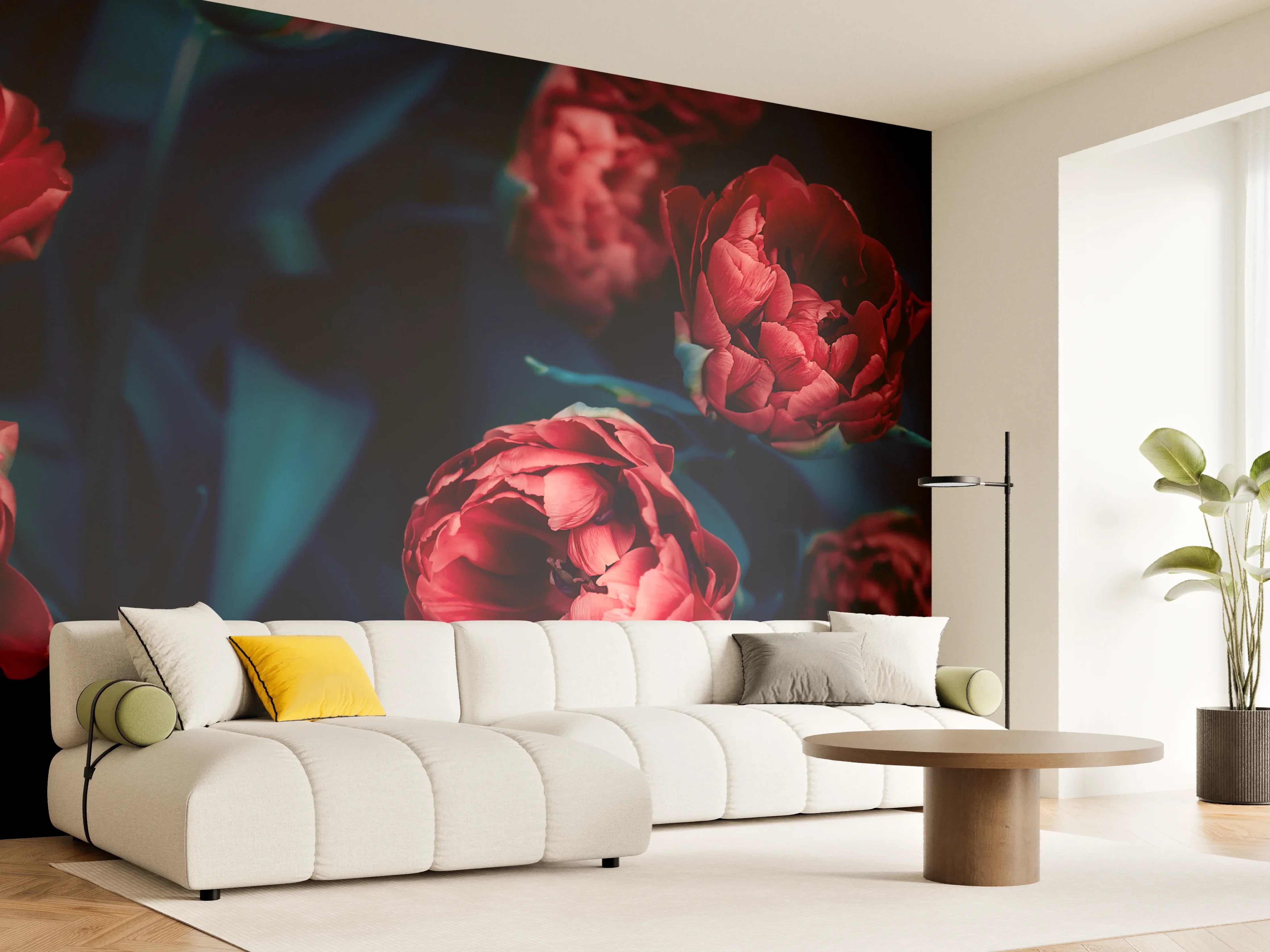 Wandverkleidung Wohnzimmer - Hochwertige rote Blumen im dunklen Hintergrund