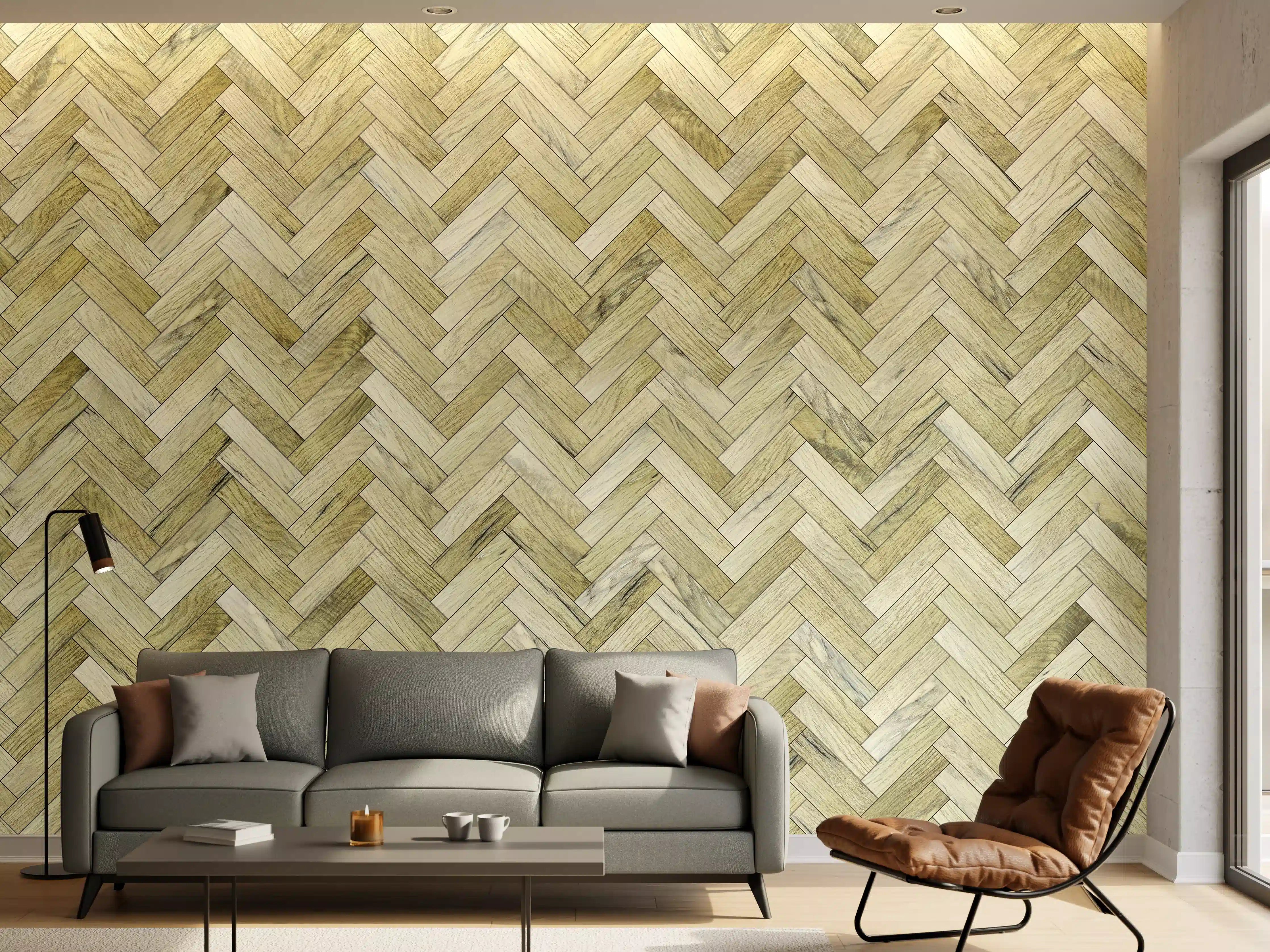 Wandverkleidung Wohnzimmer - Hochwertiger Holzboden im Herringbone-Muster