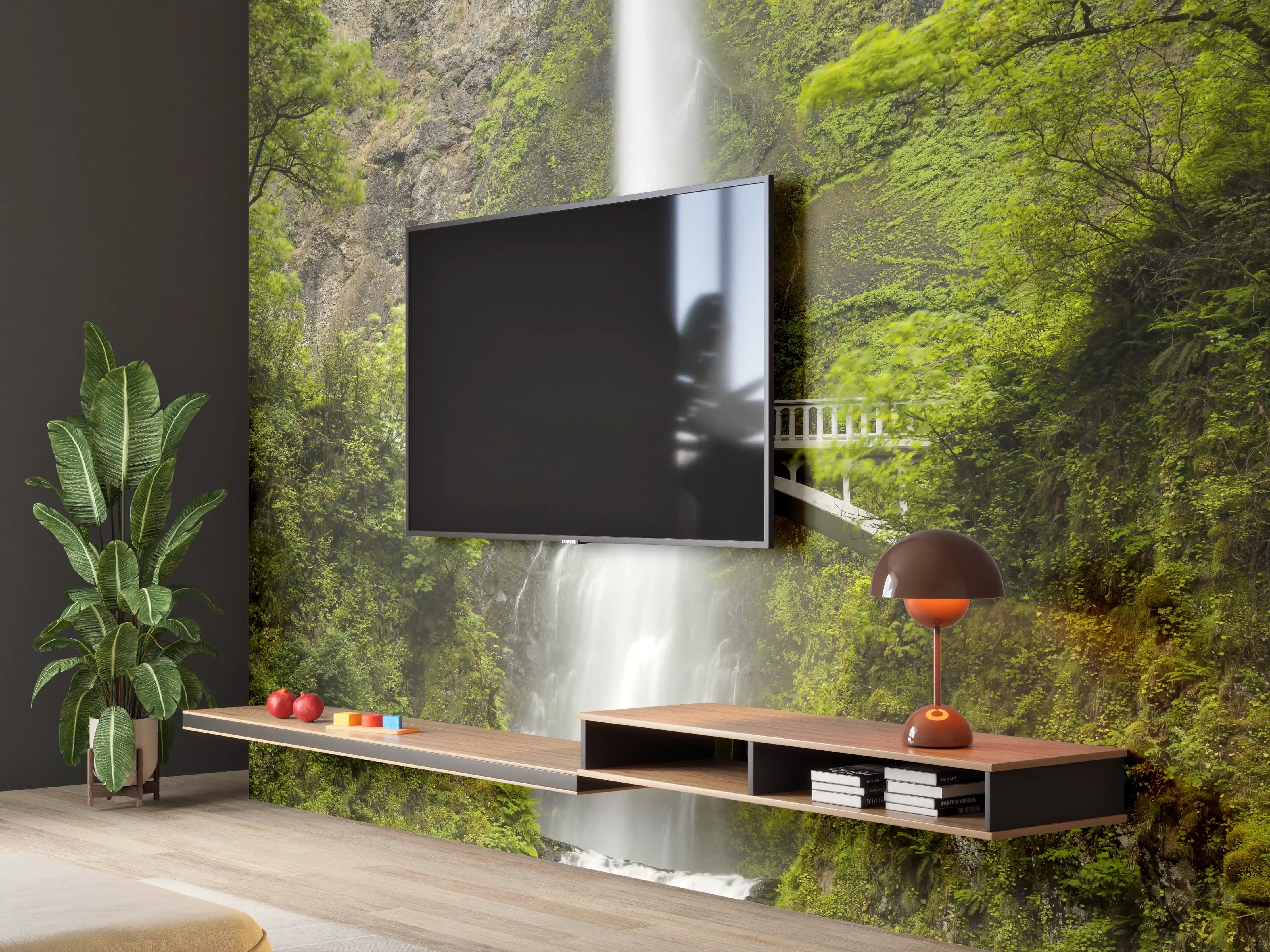 Wandverkleidung Wohnzimmer - Hochwertiges Wasserfall-Bild mit Brücke in grüner Natur