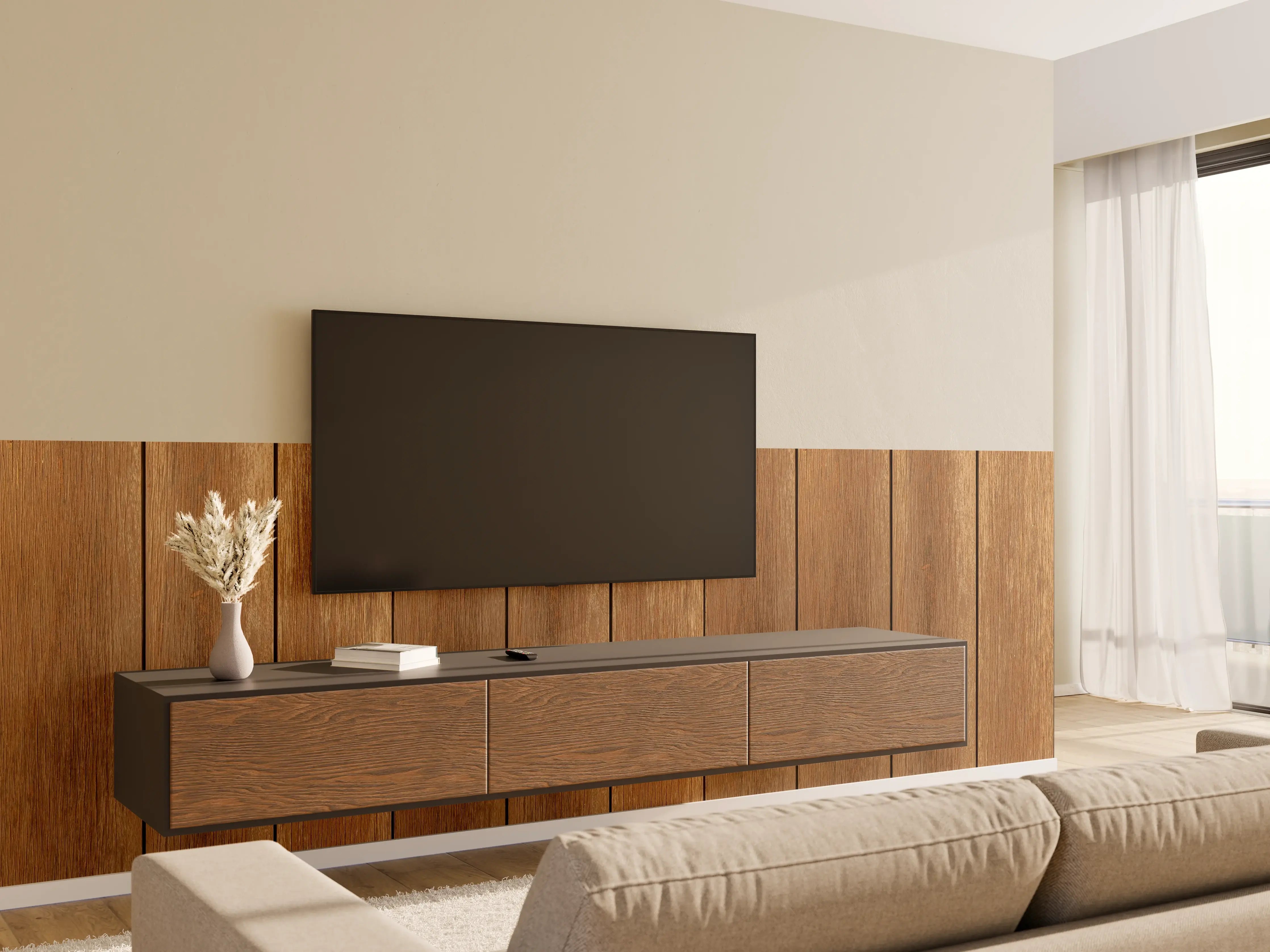 Wandverkleidung Wohnzimmer - Hölzerne Wand im Warmton