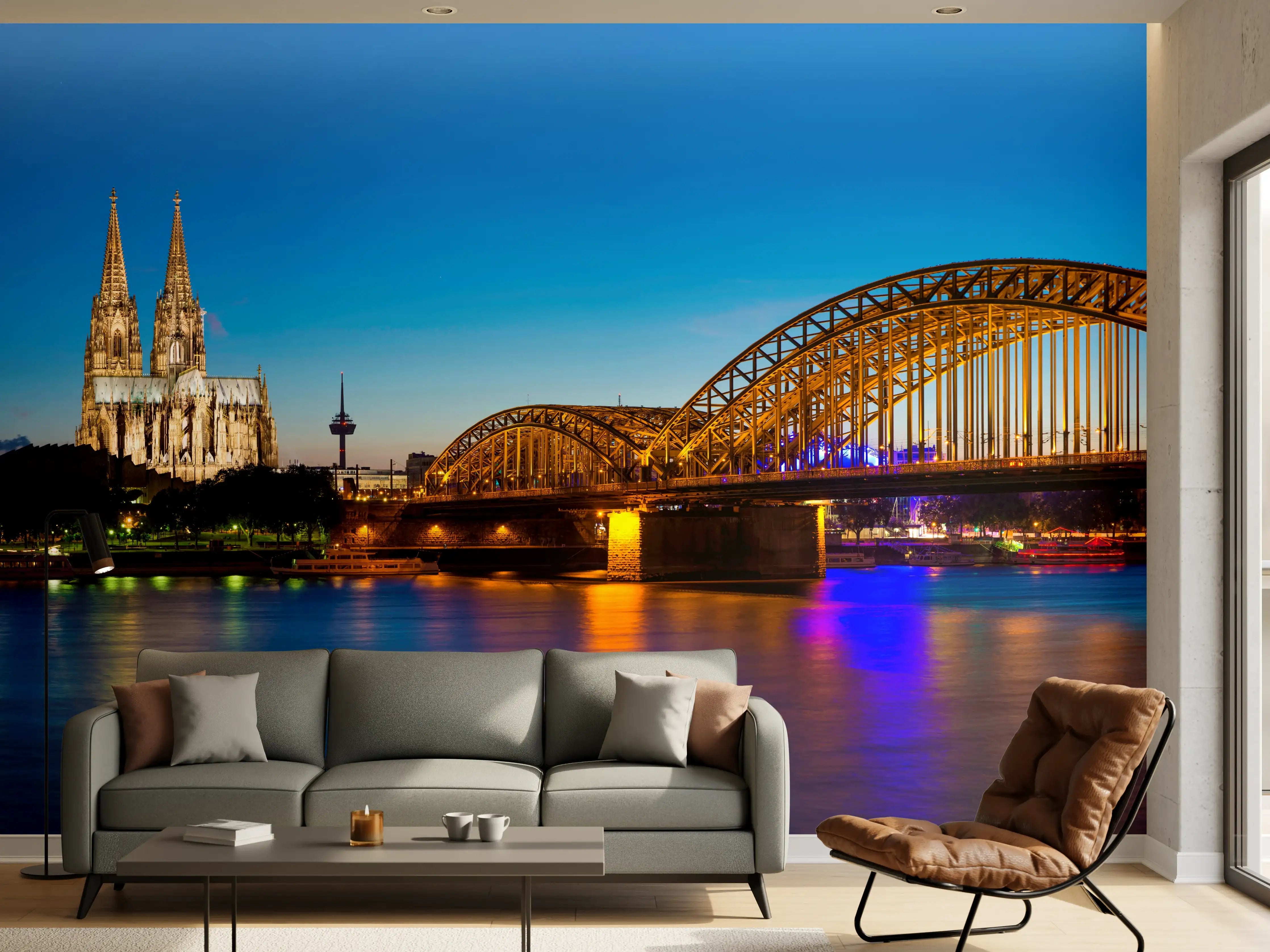 Wandverkleidung Wohnzimmer - Hohenzollern Brücke Köln in der Nacht