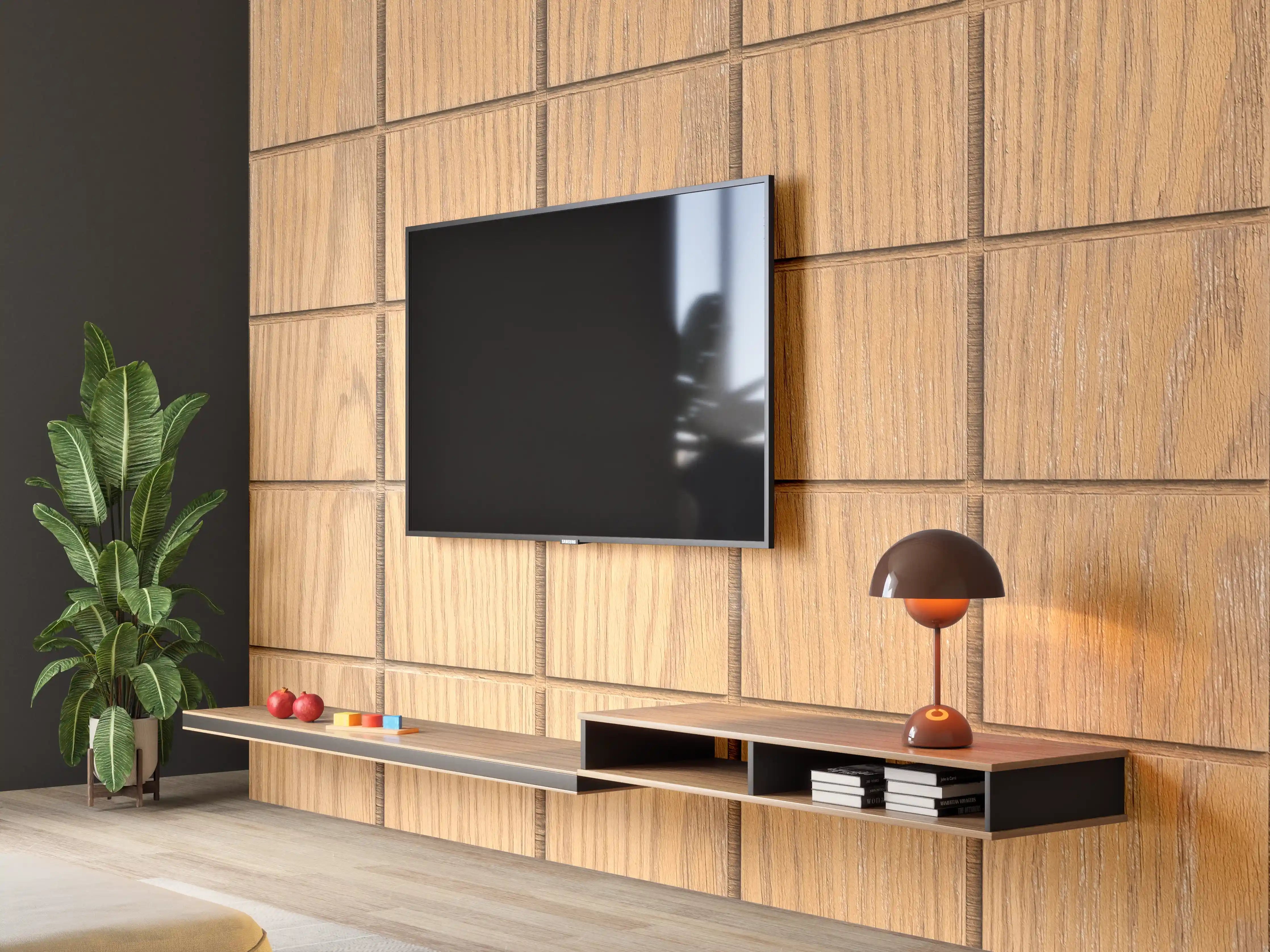 Wandverkleidung Wohnzimmer - Holzdiele mit quadratischen Fliesen