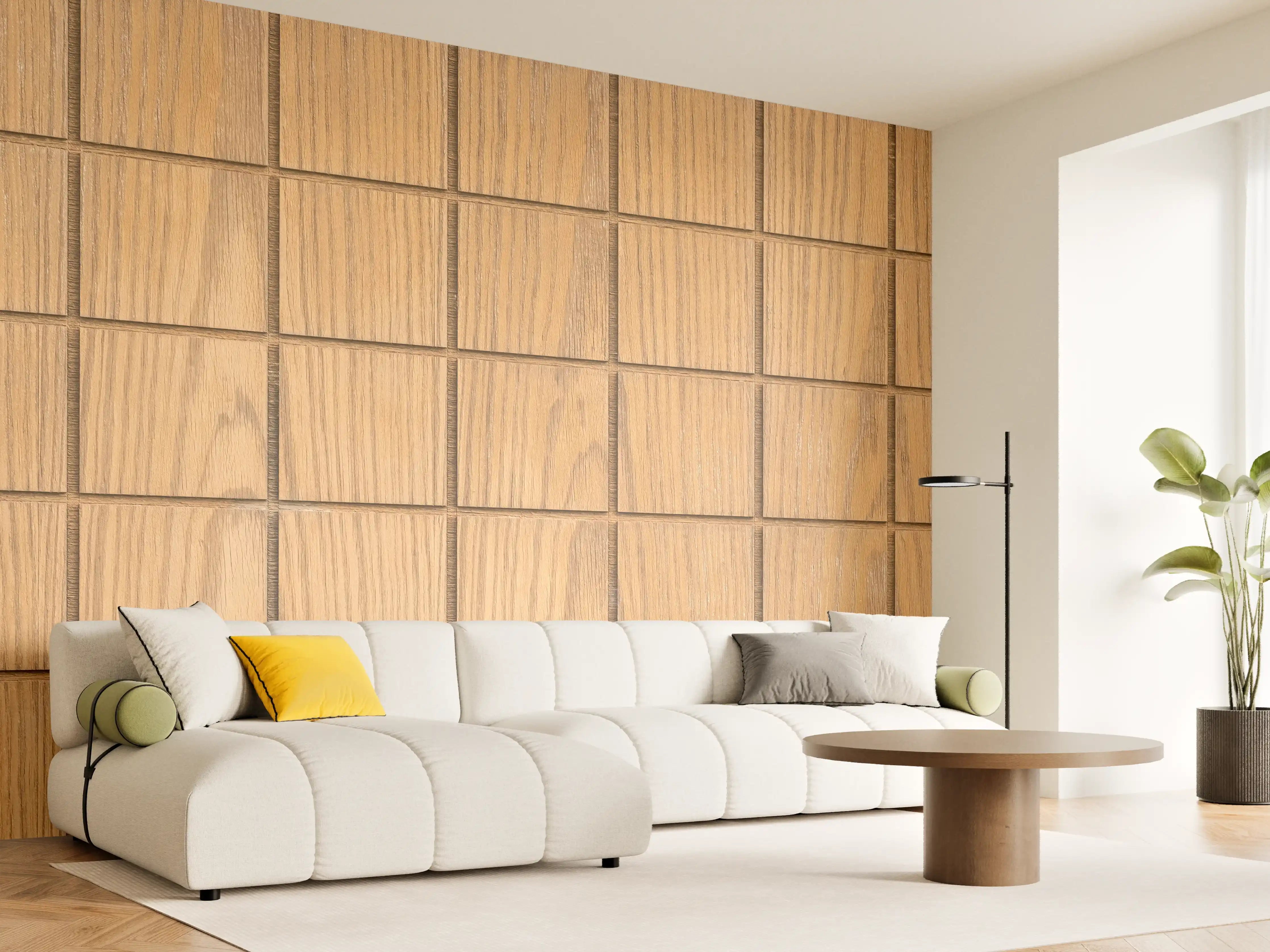 Wandverkleidung Wohnzimmer - Holzdiele mit quadratischen Fliesen