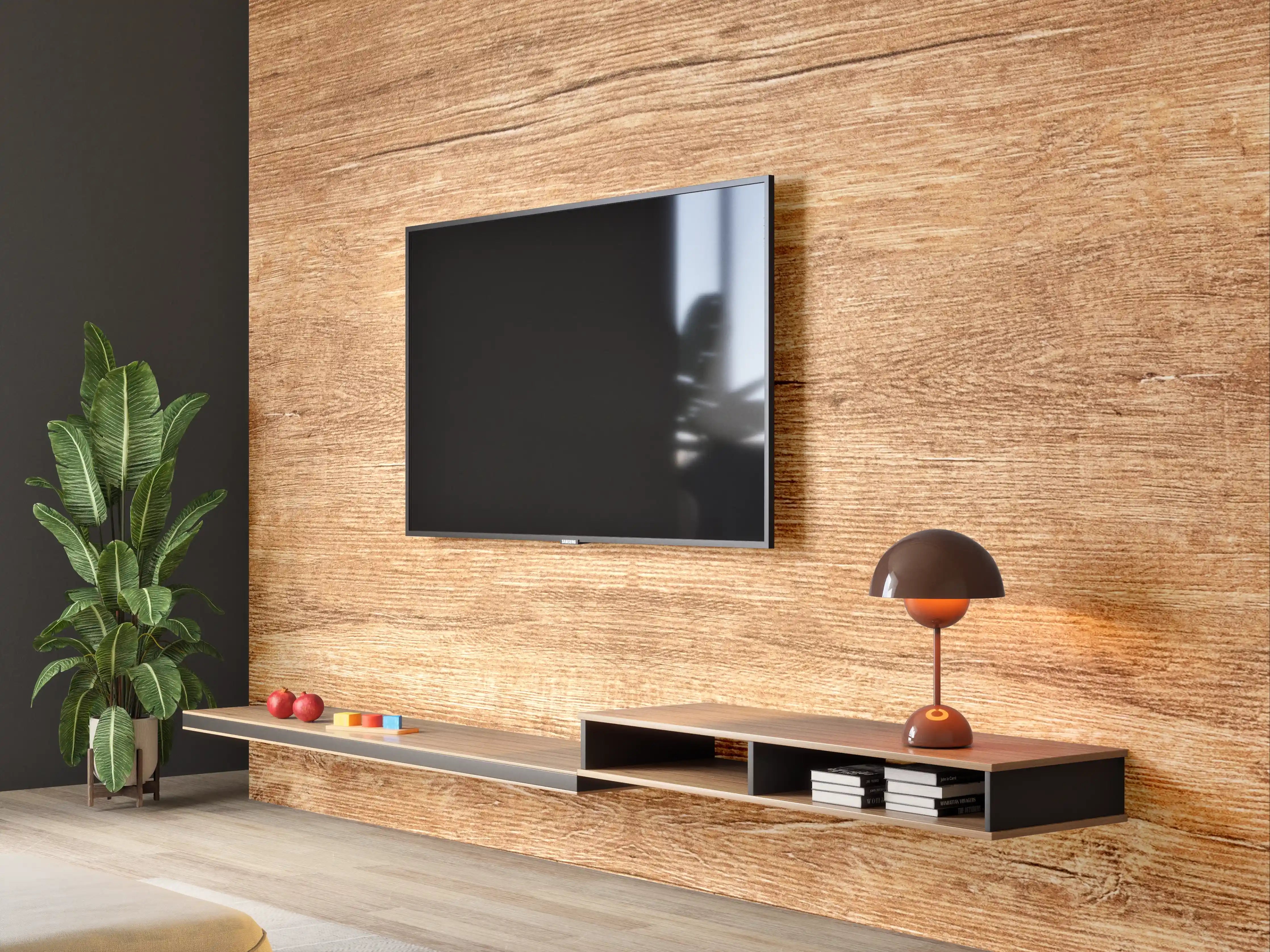 Wandverkleidung Wohnzimmer - Holzmaserung in warmen Tönen