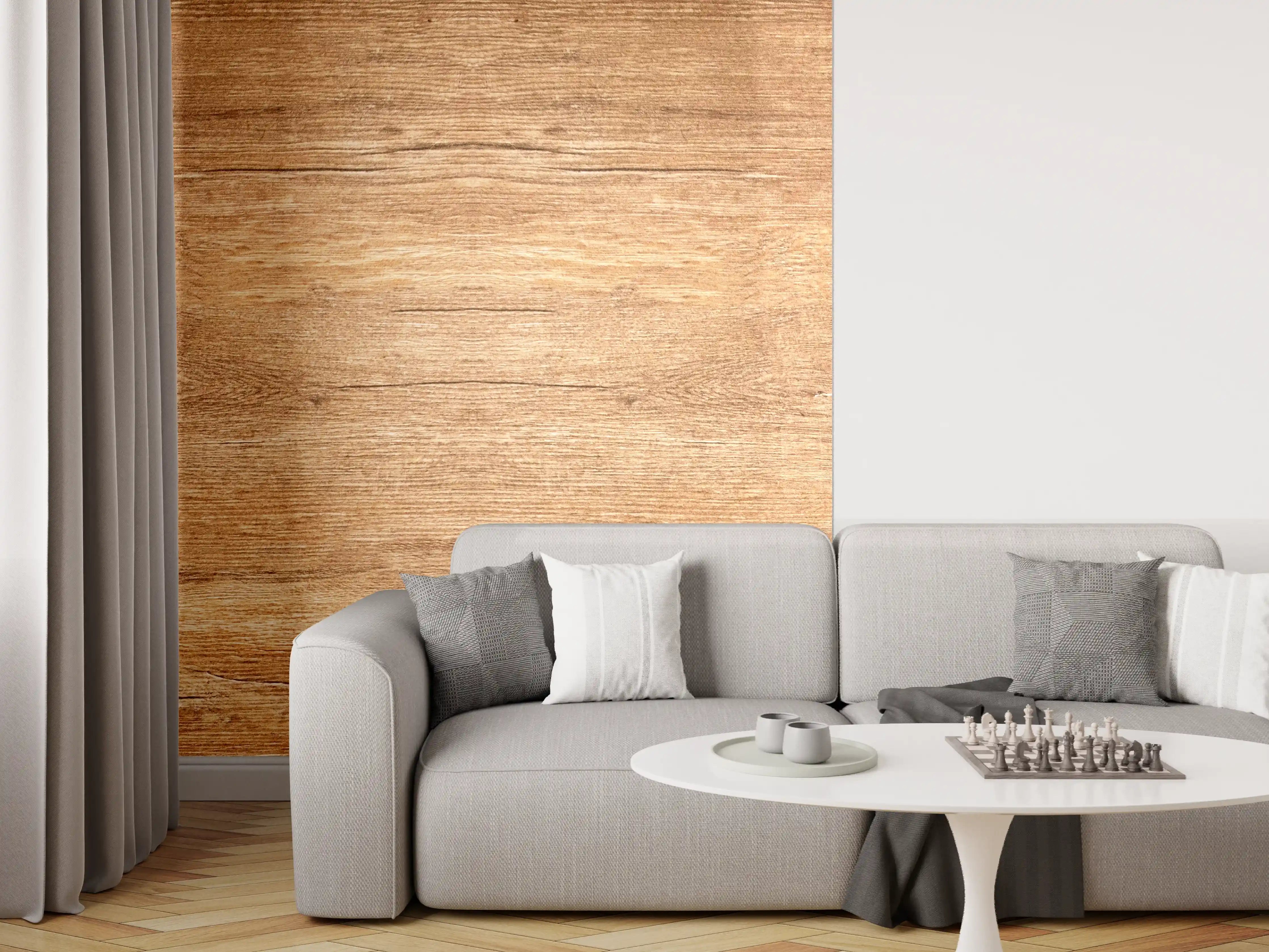 Wandverkleidung Wohnzimmer - Holzmaserung in warmen Tönen