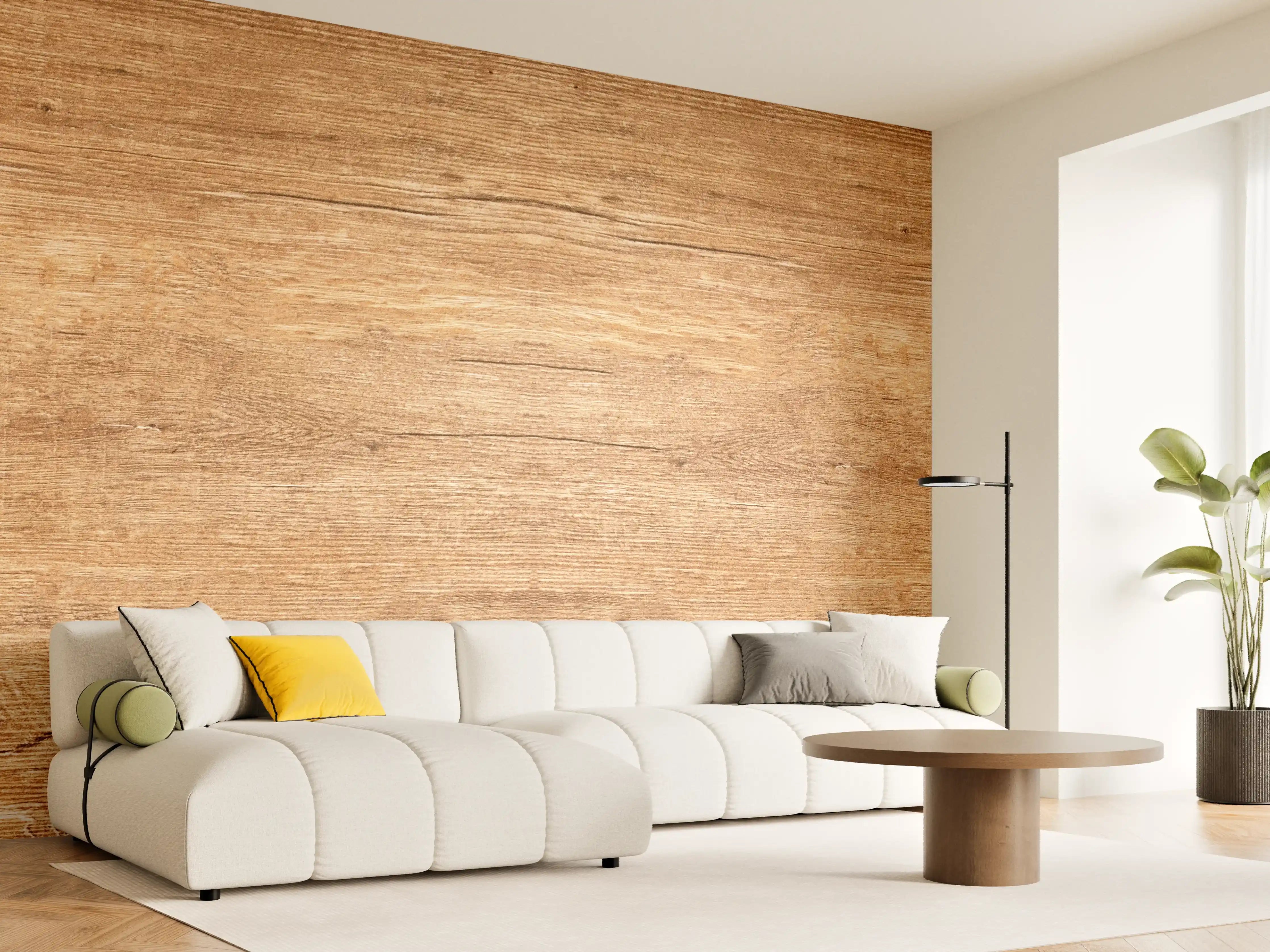 Wandverkleidung Wohnzimmer - Holzmaserung in warmen Tönen