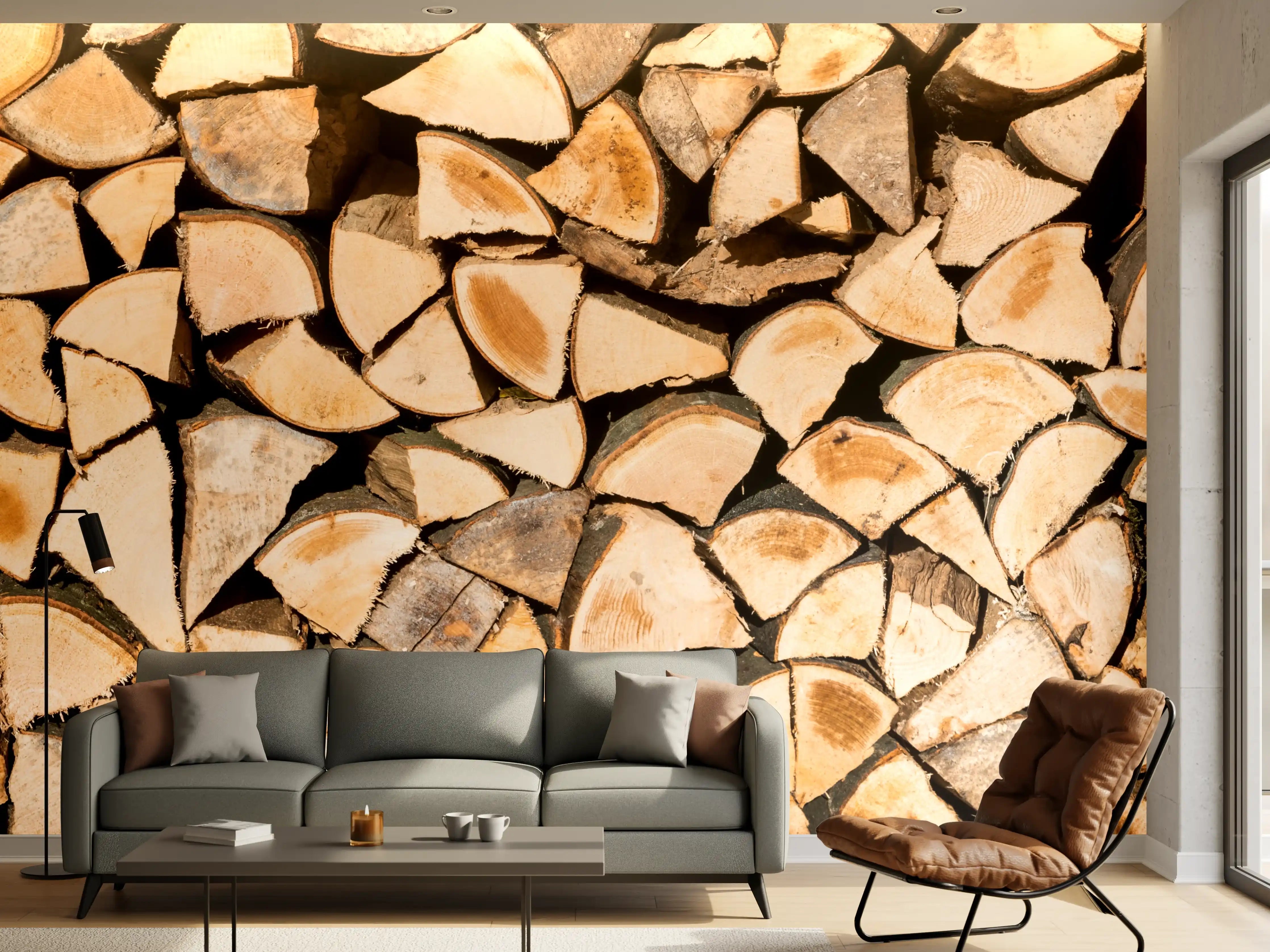 Wandverkleidung Wohnzimmer - Holzscheite Panorama