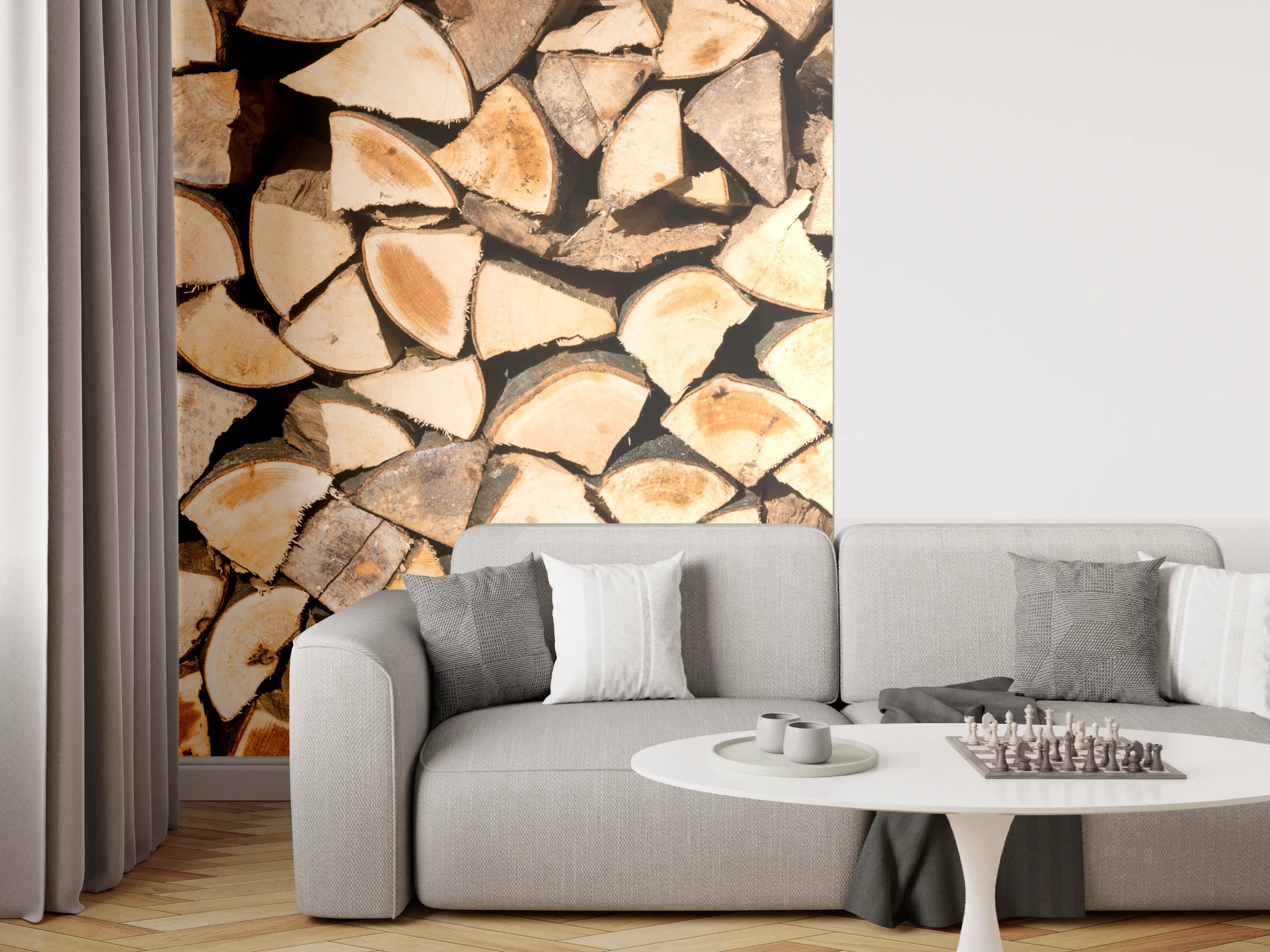 Wandverkleidung Wohnzimmer - Holzscheite Panorama