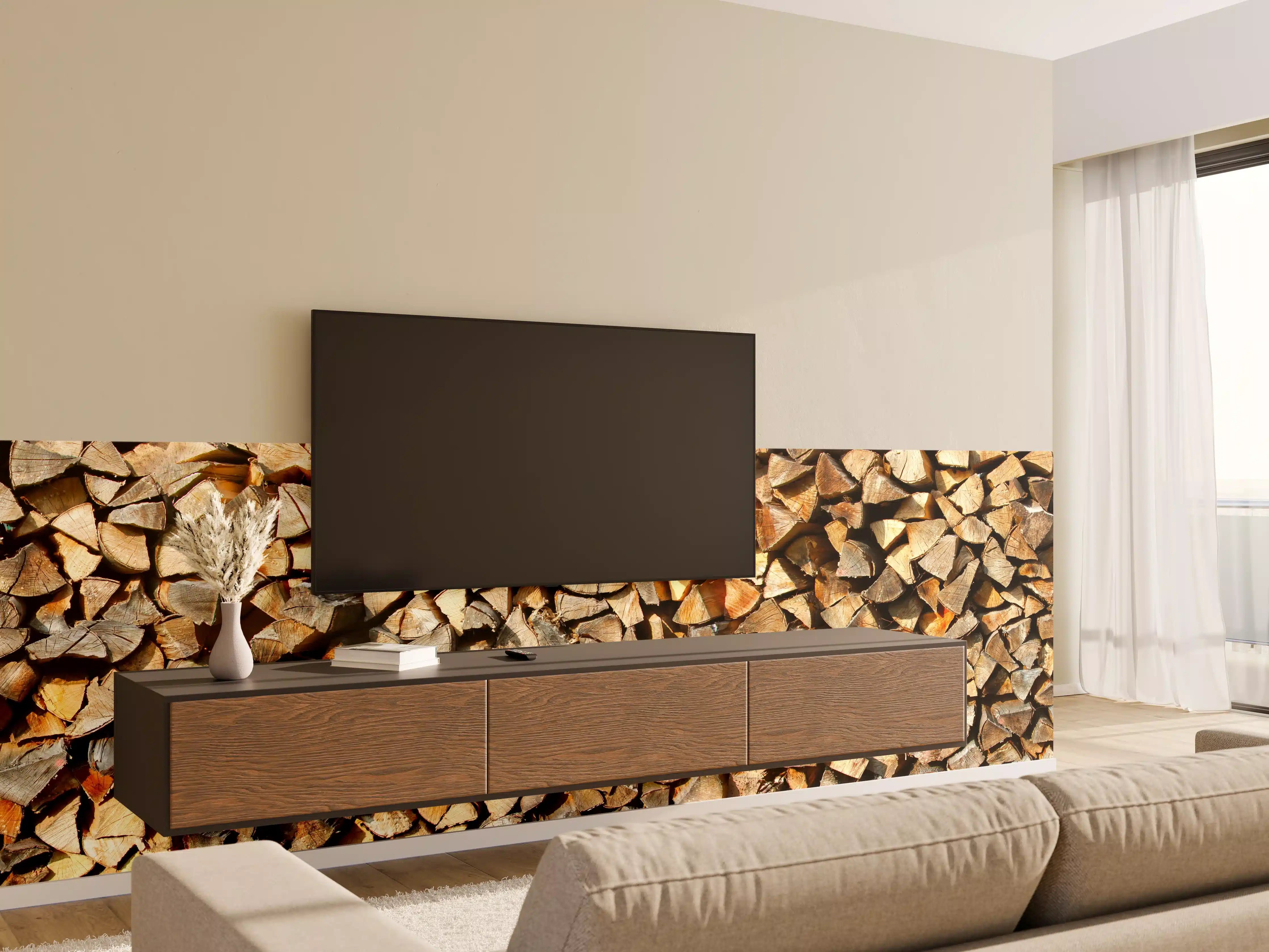 Wandverkleidung Wohnzimmer - Holzstämme