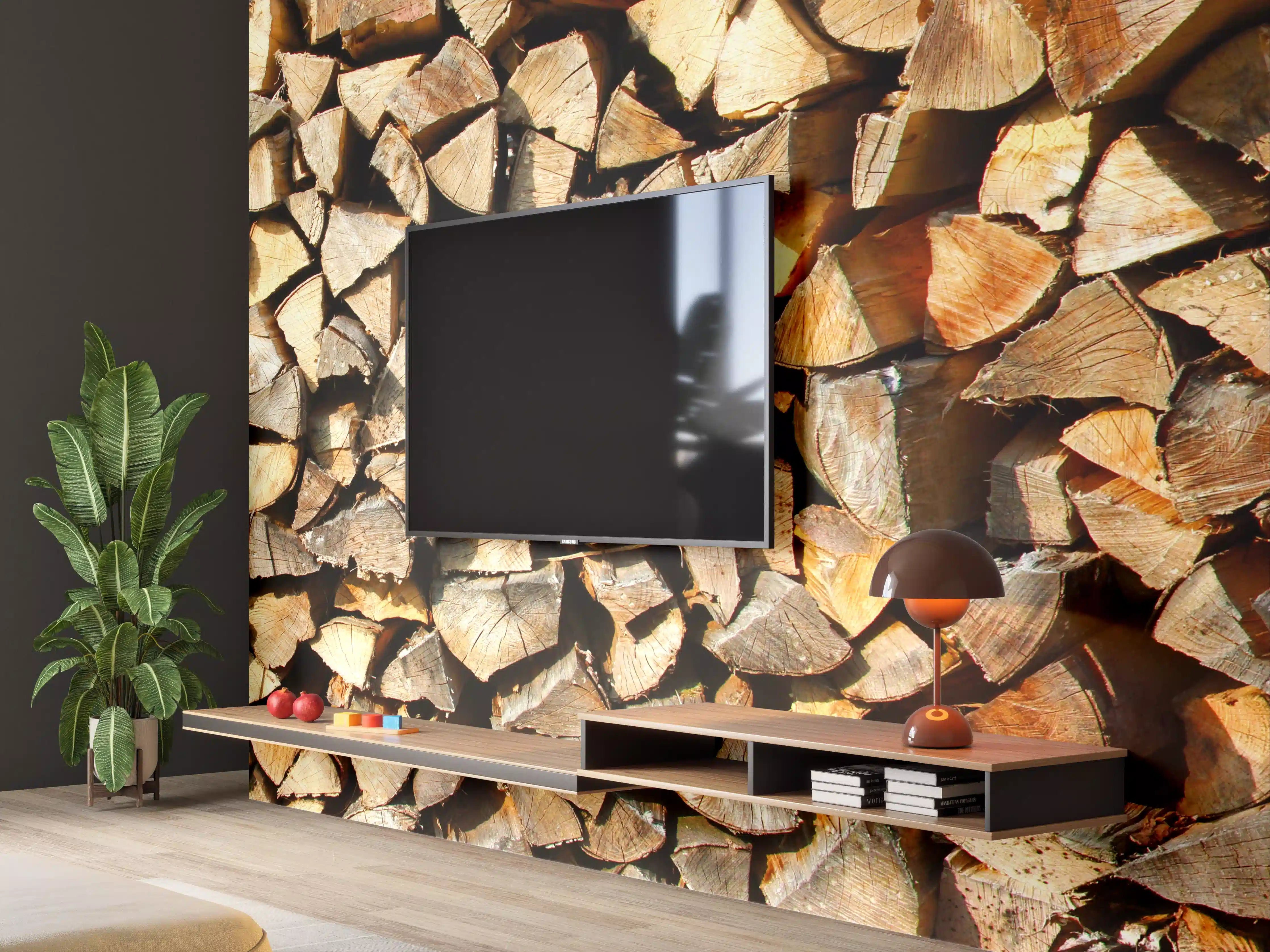 Wandverkleidung Wohnzimmer - Holzstämme