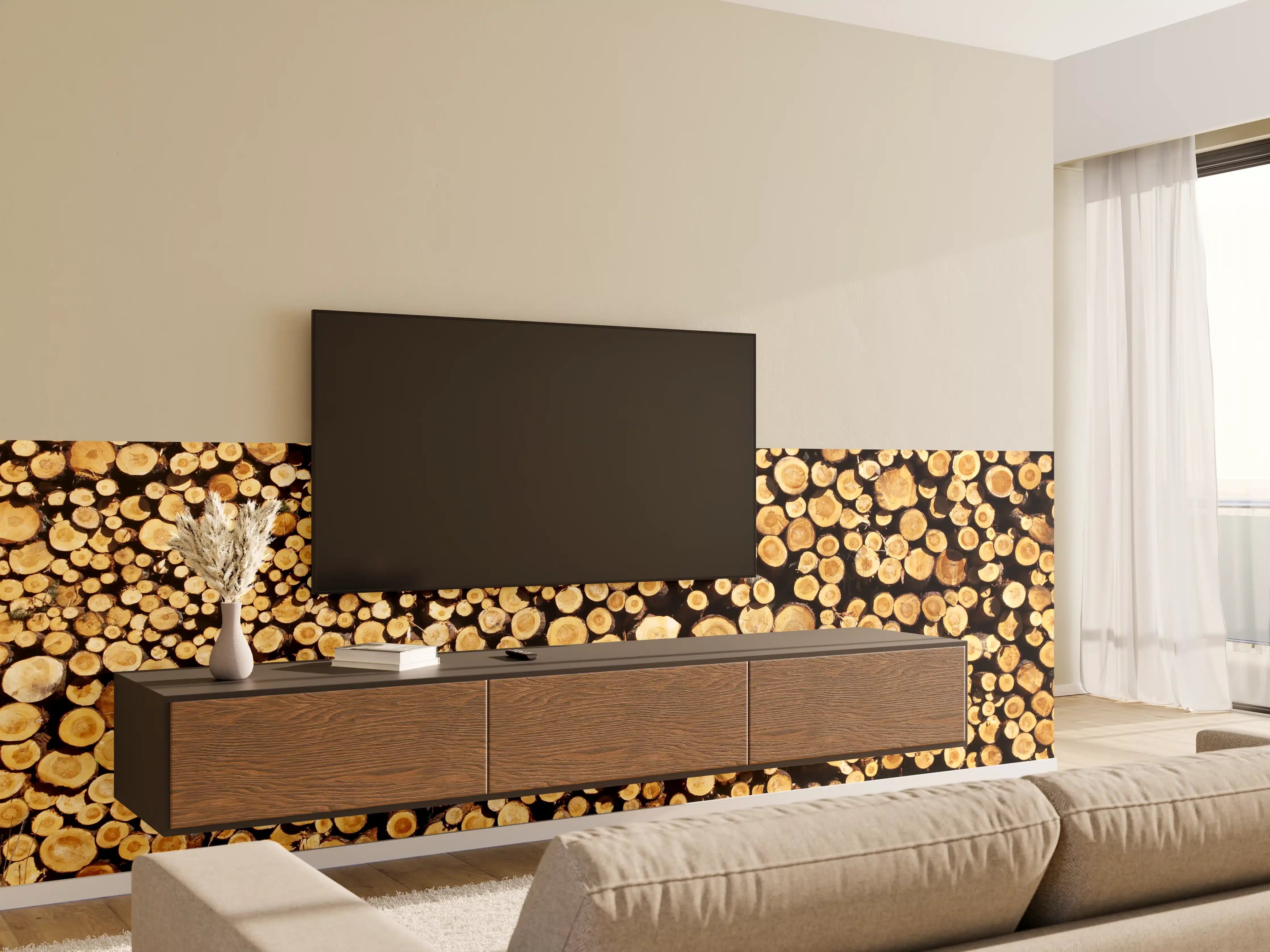 Wandverkleidung Wohnzimmer - Holzstämme in Nahaufnahme