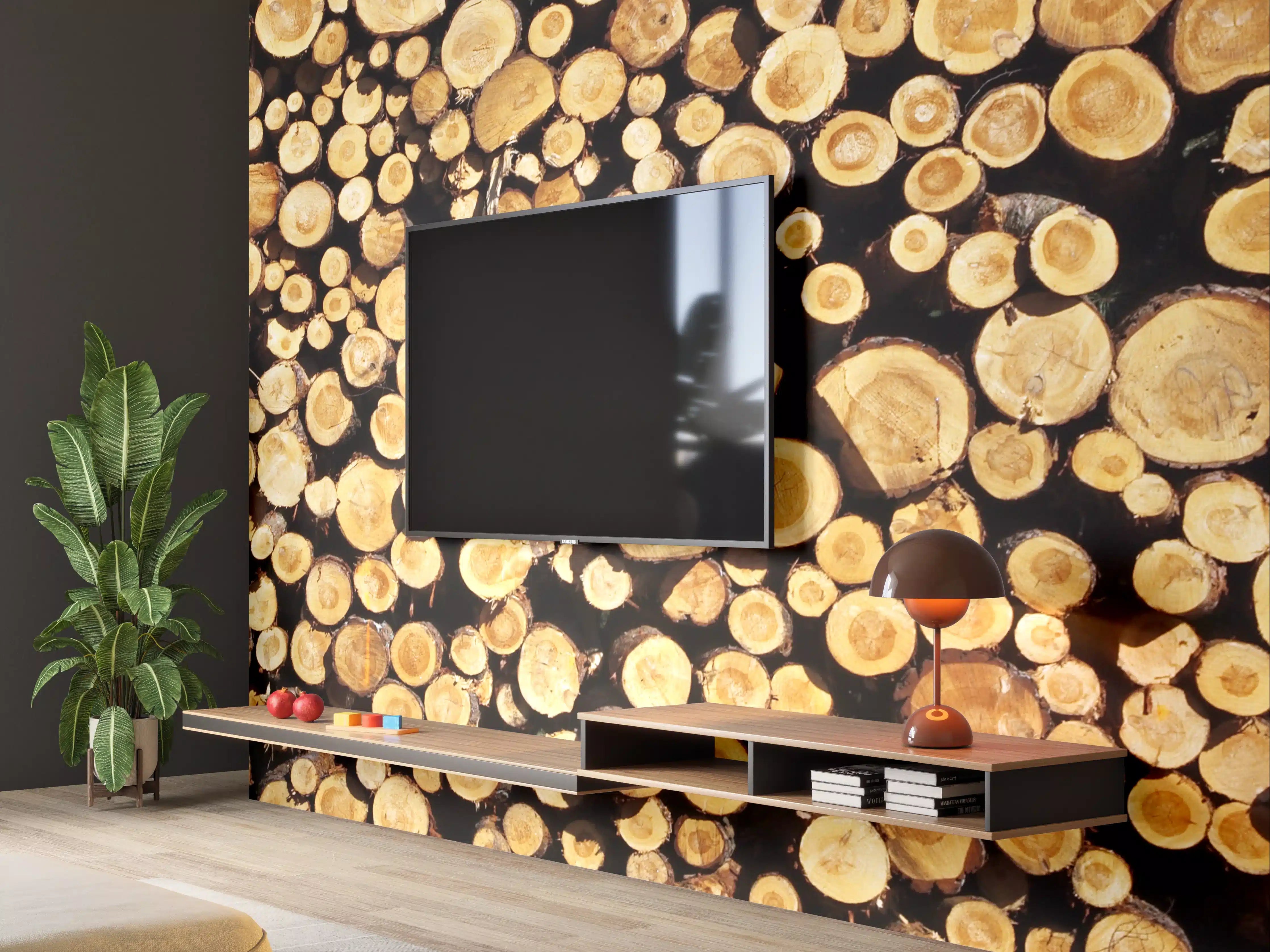 Wandverkleidung Wohnzimmer - Holzstämme in Nahaufnahme