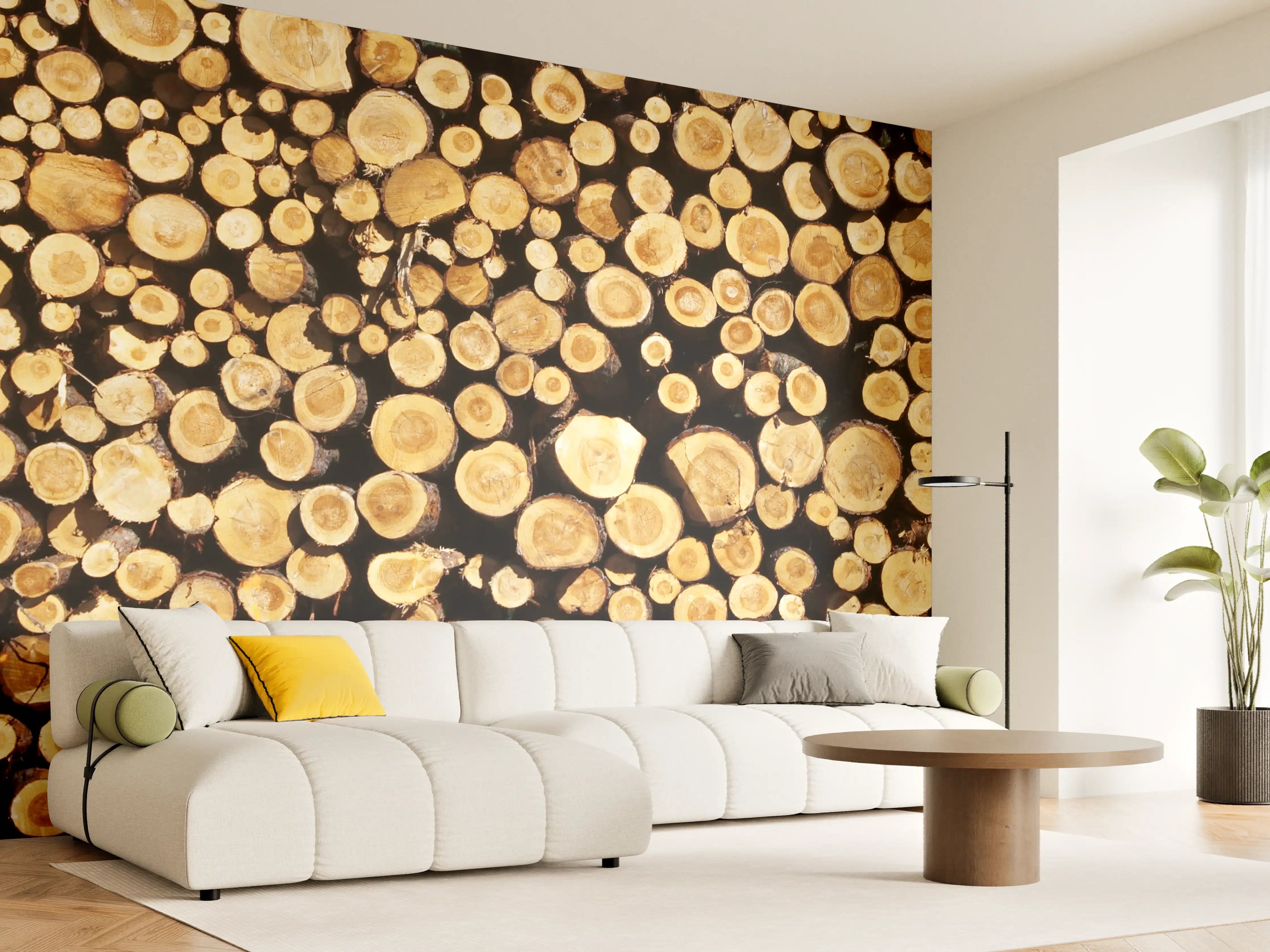 Wandverkleidung Wohnzimmer - Holzstämme in Nahaufnahme