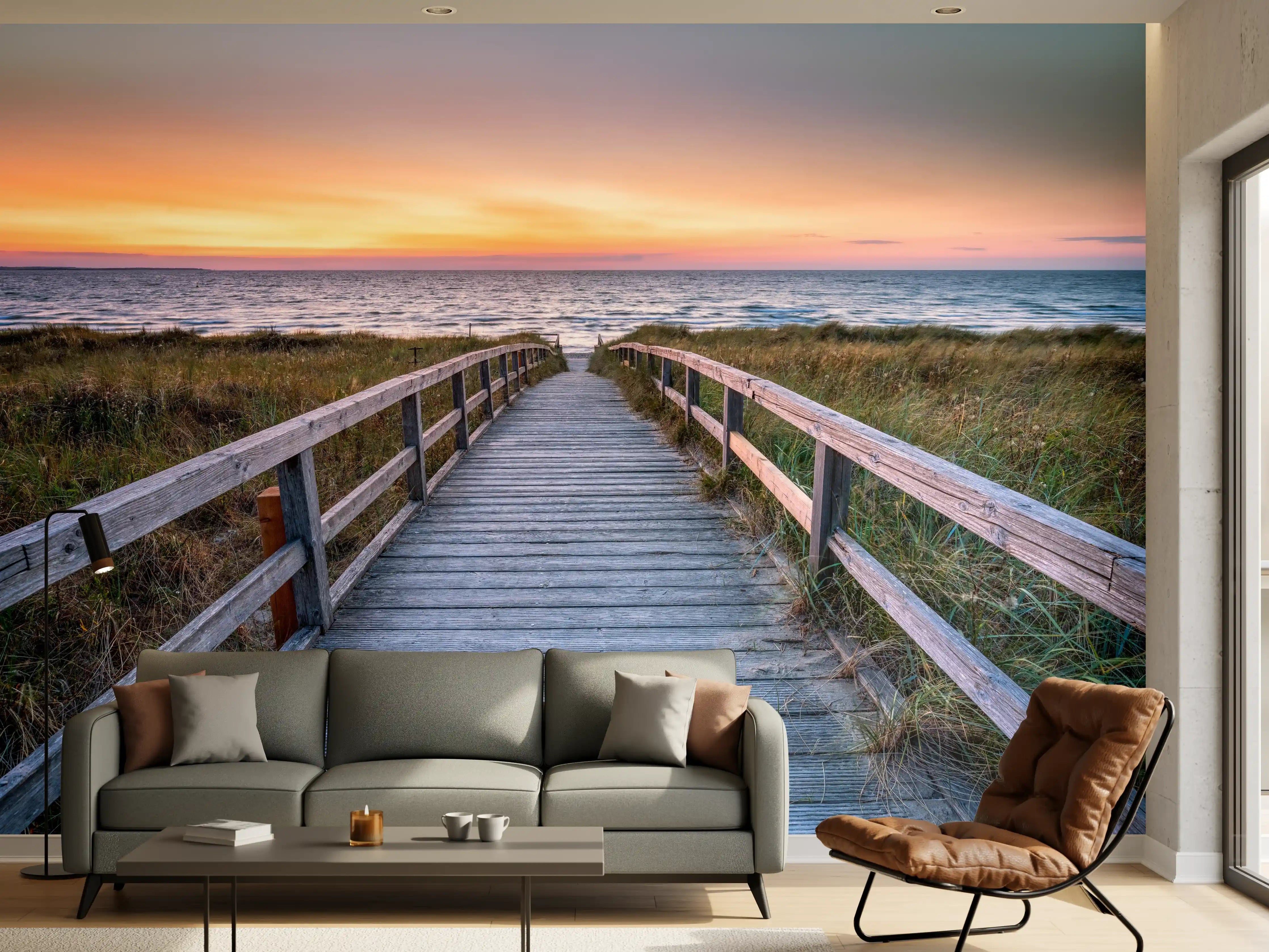 Wandverkleidung Wohnzimmer - Holzsteg am Strand