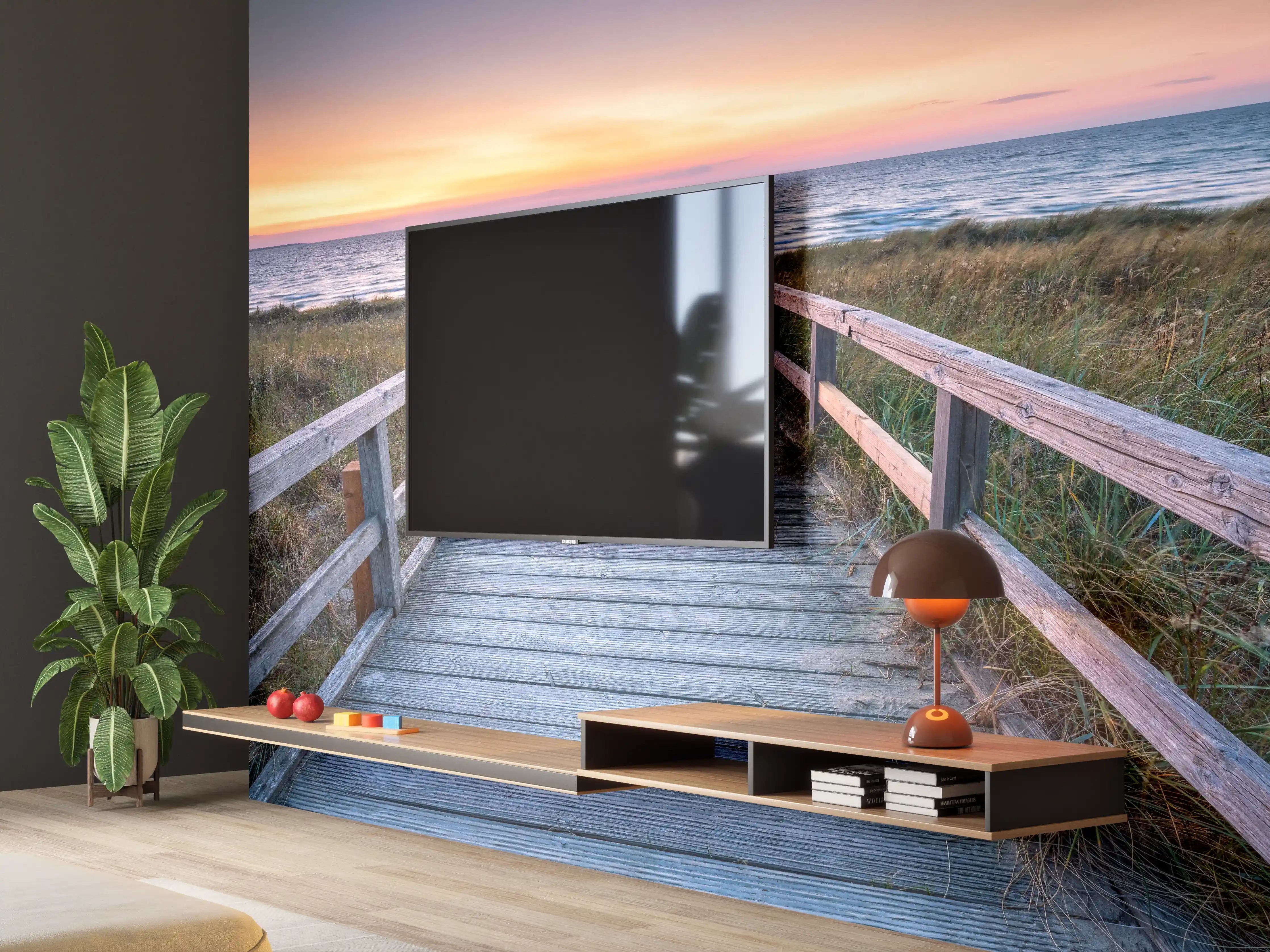 Wandverkleidung Wohnzimmer - Holzsteg am Strand