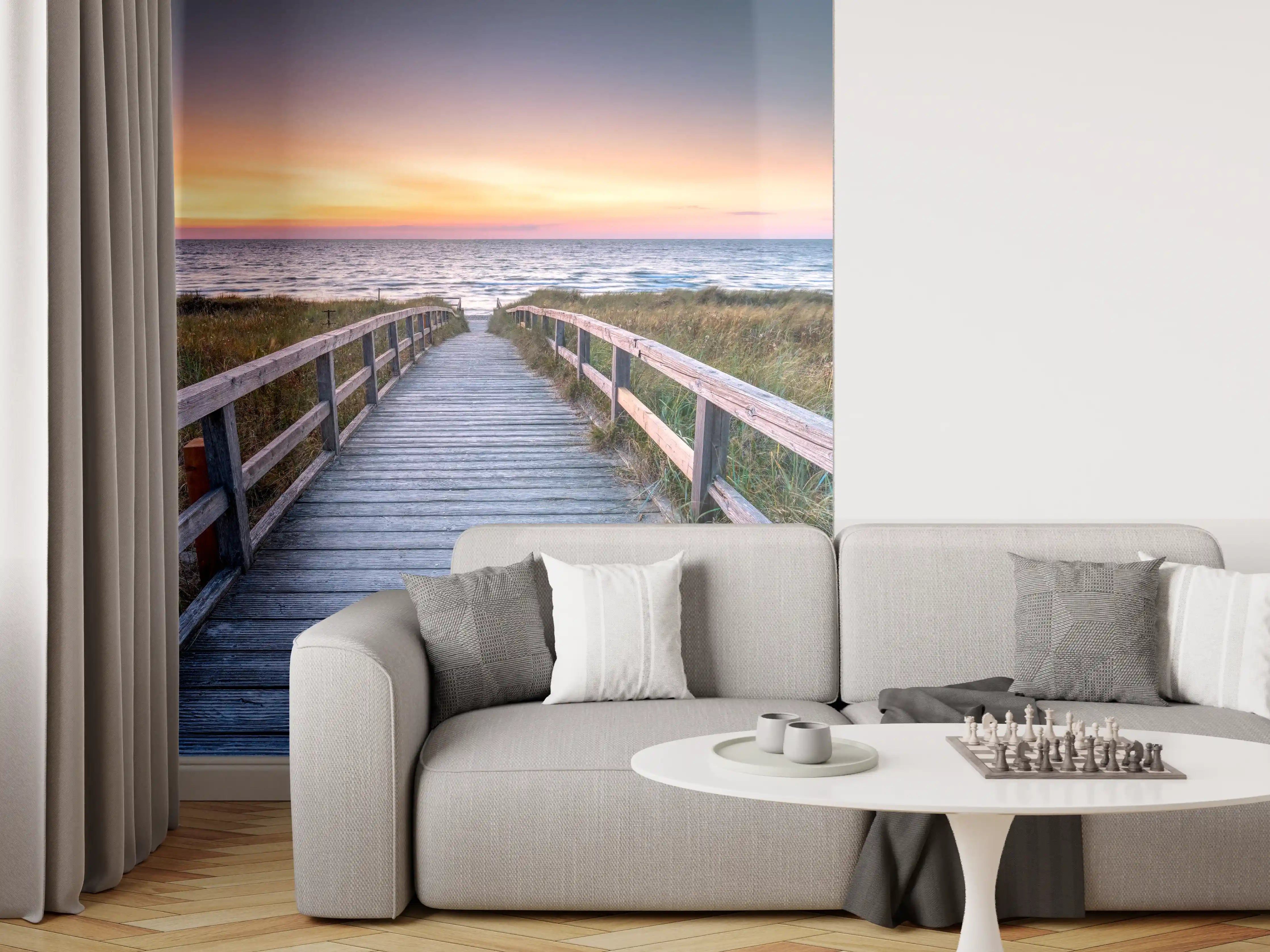 Wandverkleidung Wohnzimmer - Holzsteg am Strand