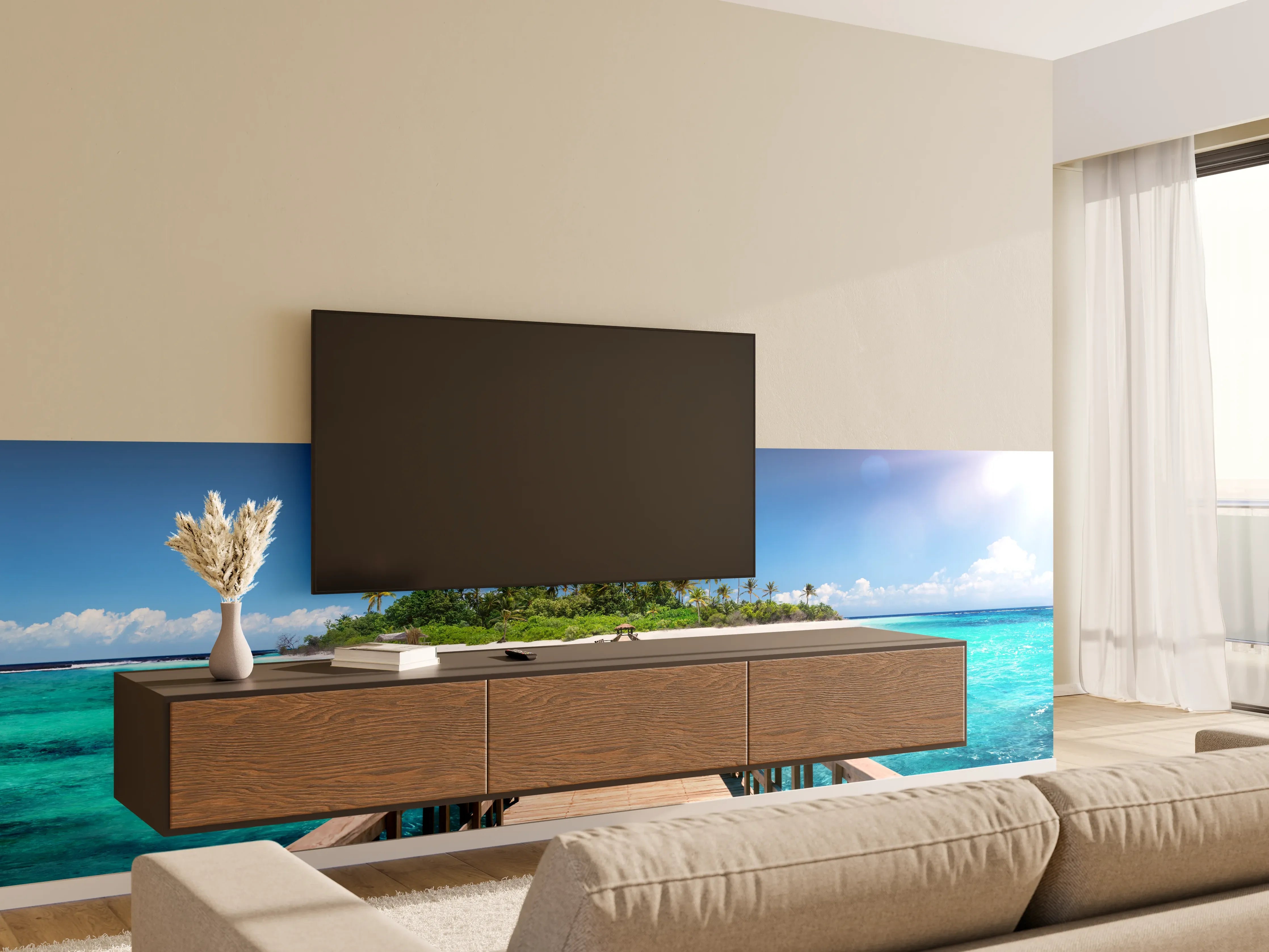 Wandverkleidung Wohnzimmer - Holzsteg zur tropischen Insel