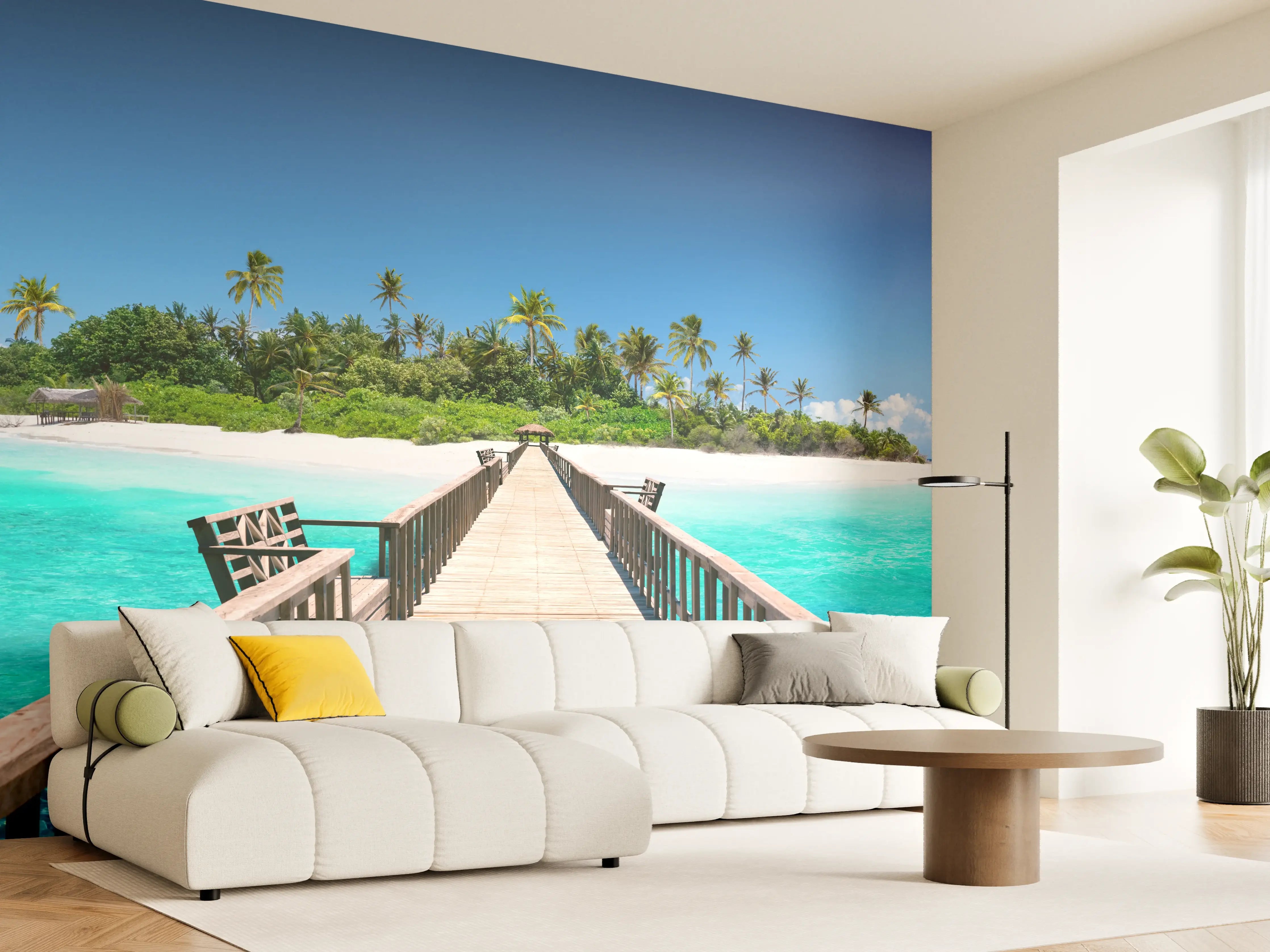 Wandverkleidung Wohnzimmer - Holzsteg zur tropischen Insel