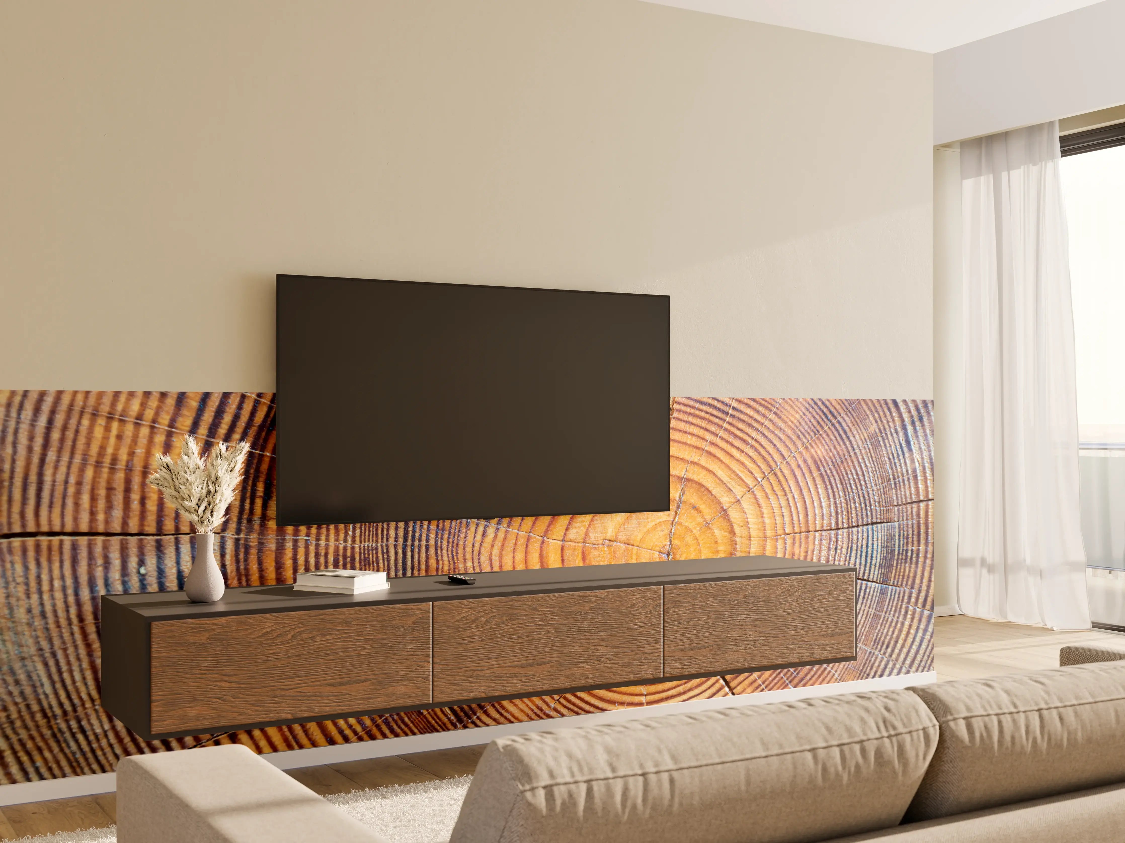 Wandverkleidung Wohnzimmer - Holzstruktur Nahaufnahme mit Ringen