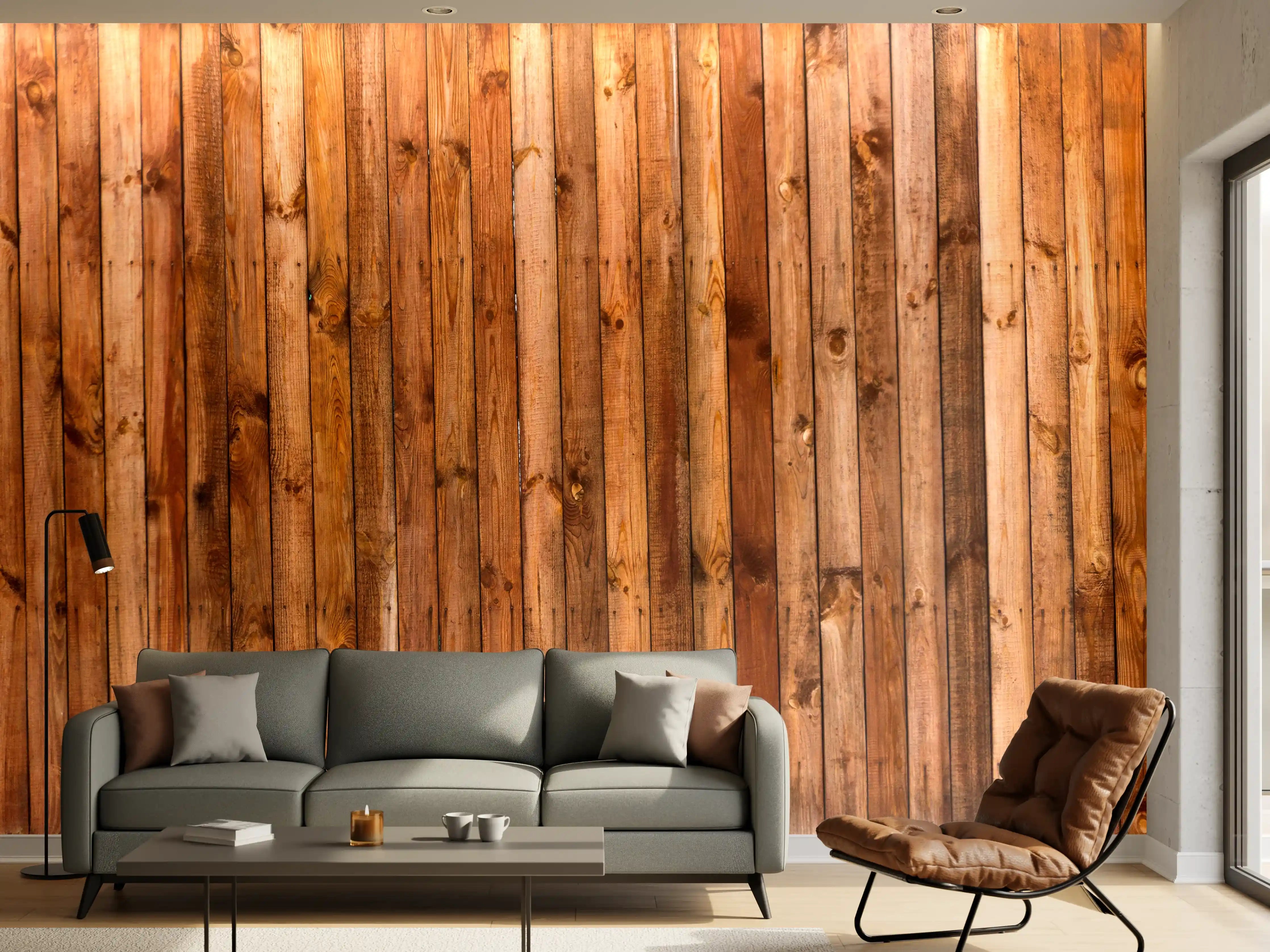 Wandverkleidung Wohnzimmer - Holzstruktur Planken Panorama