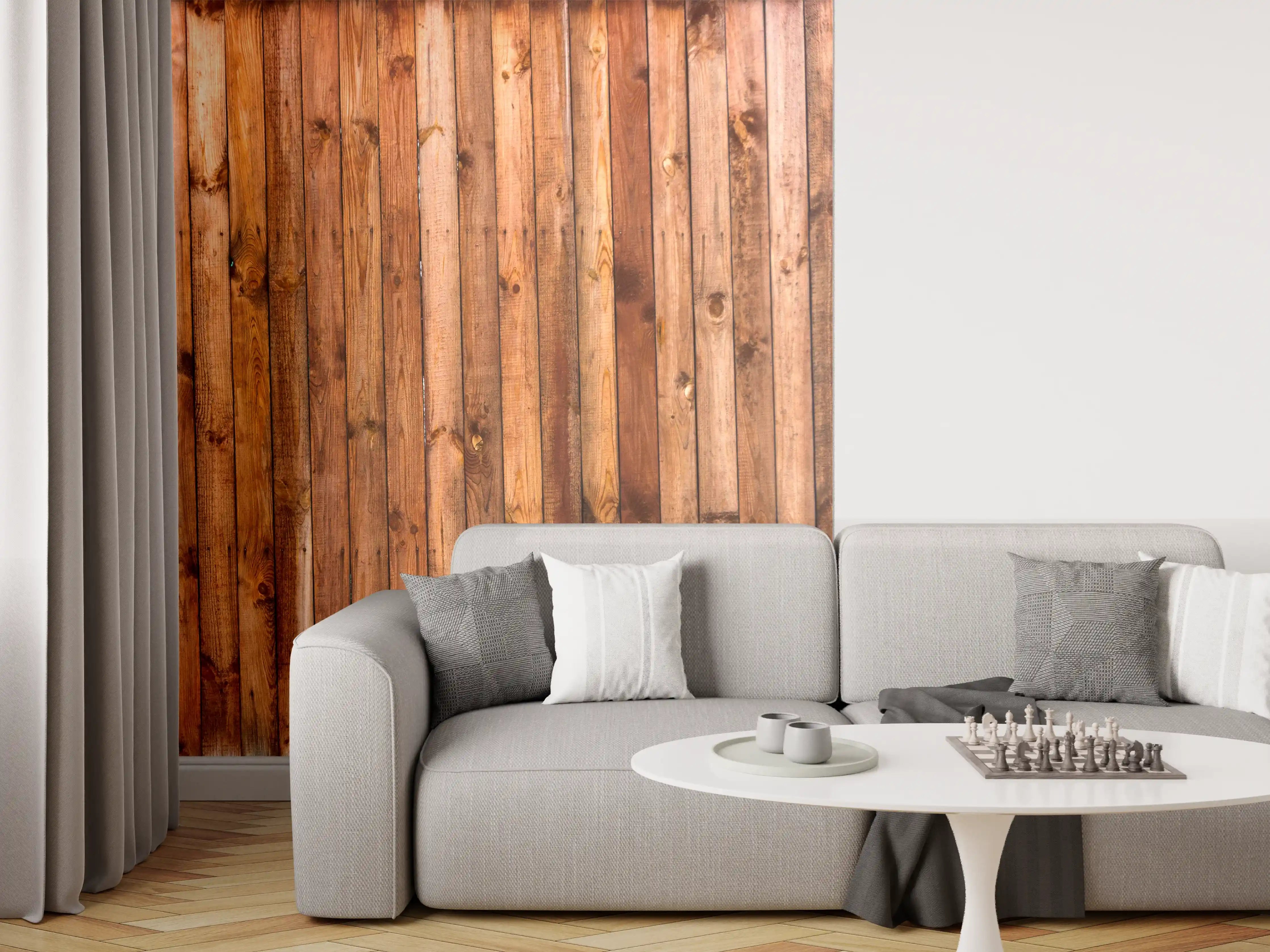 Wandverkleidung Wohnzimmer - Holzstruktur Planken Panorama
